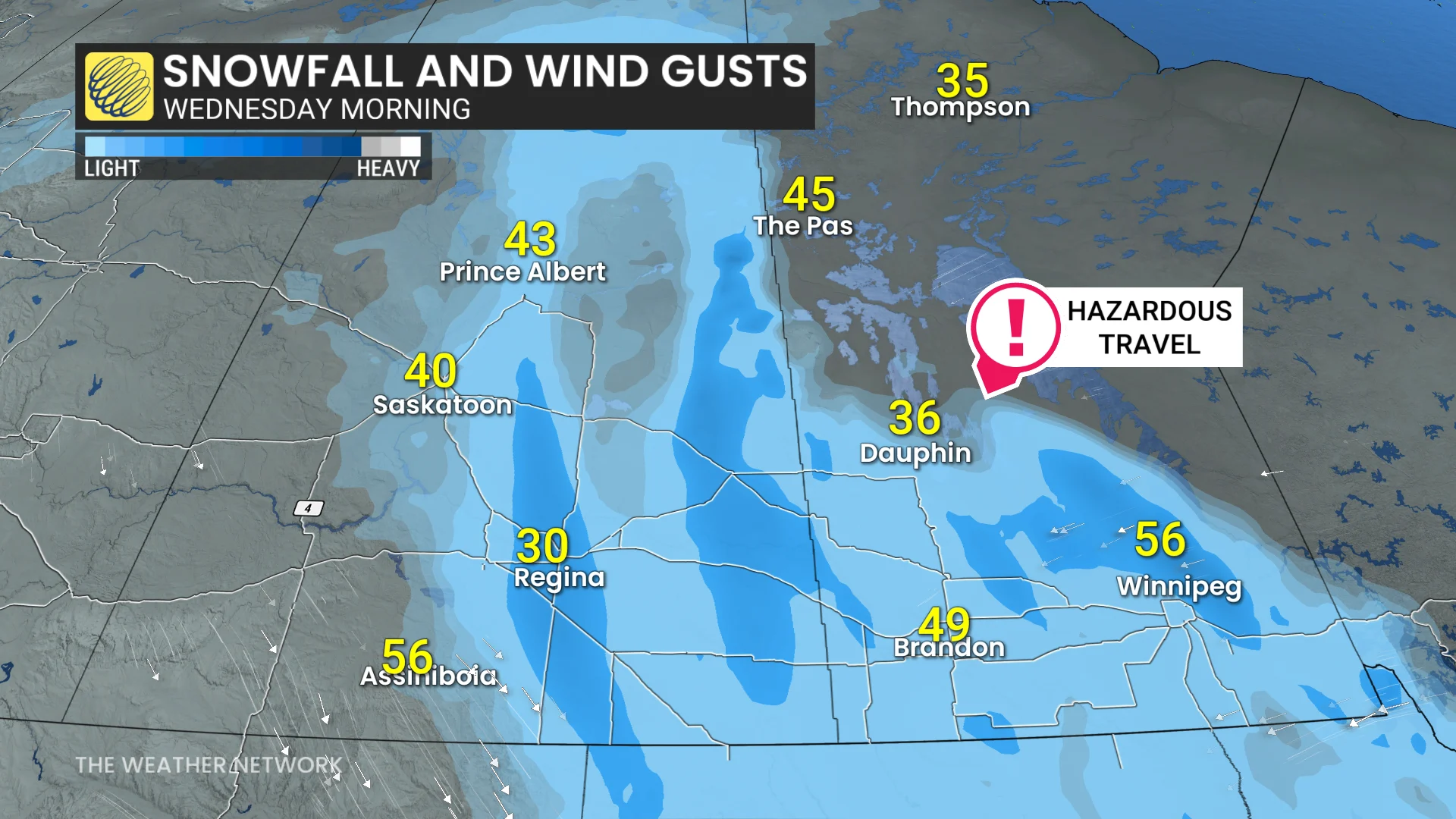 Prairies snowfall and wind gusts Wednesday morning