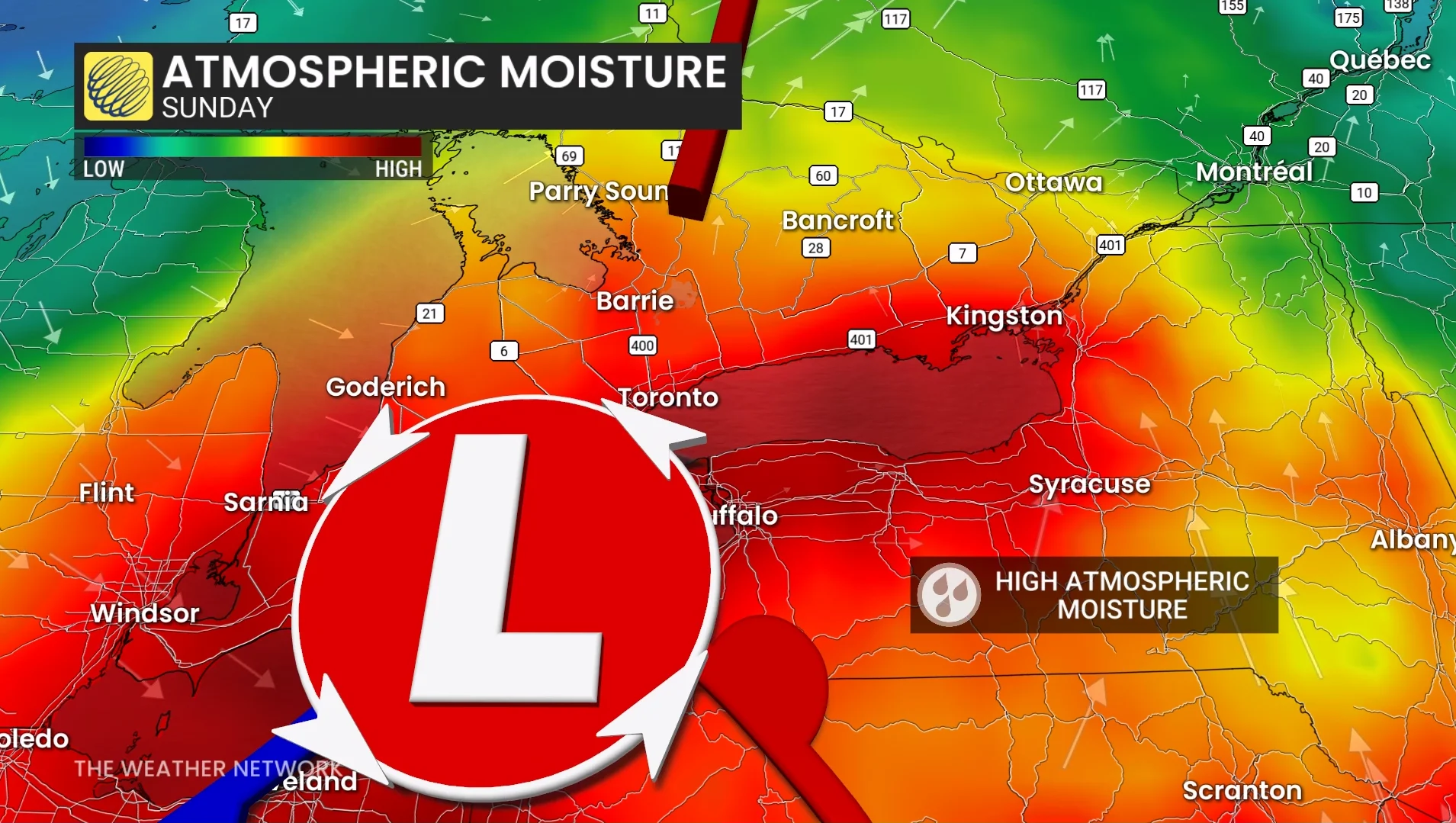 Ontario atmospheric moisture Sunday