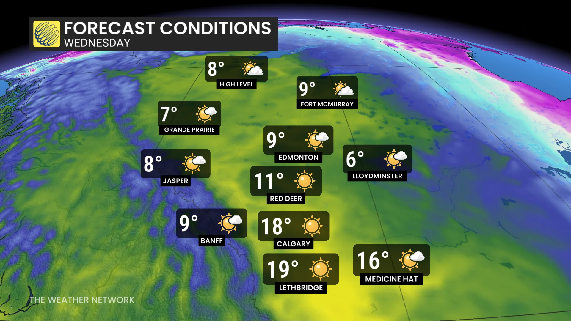 Alberta temperatures and icons Wednesday