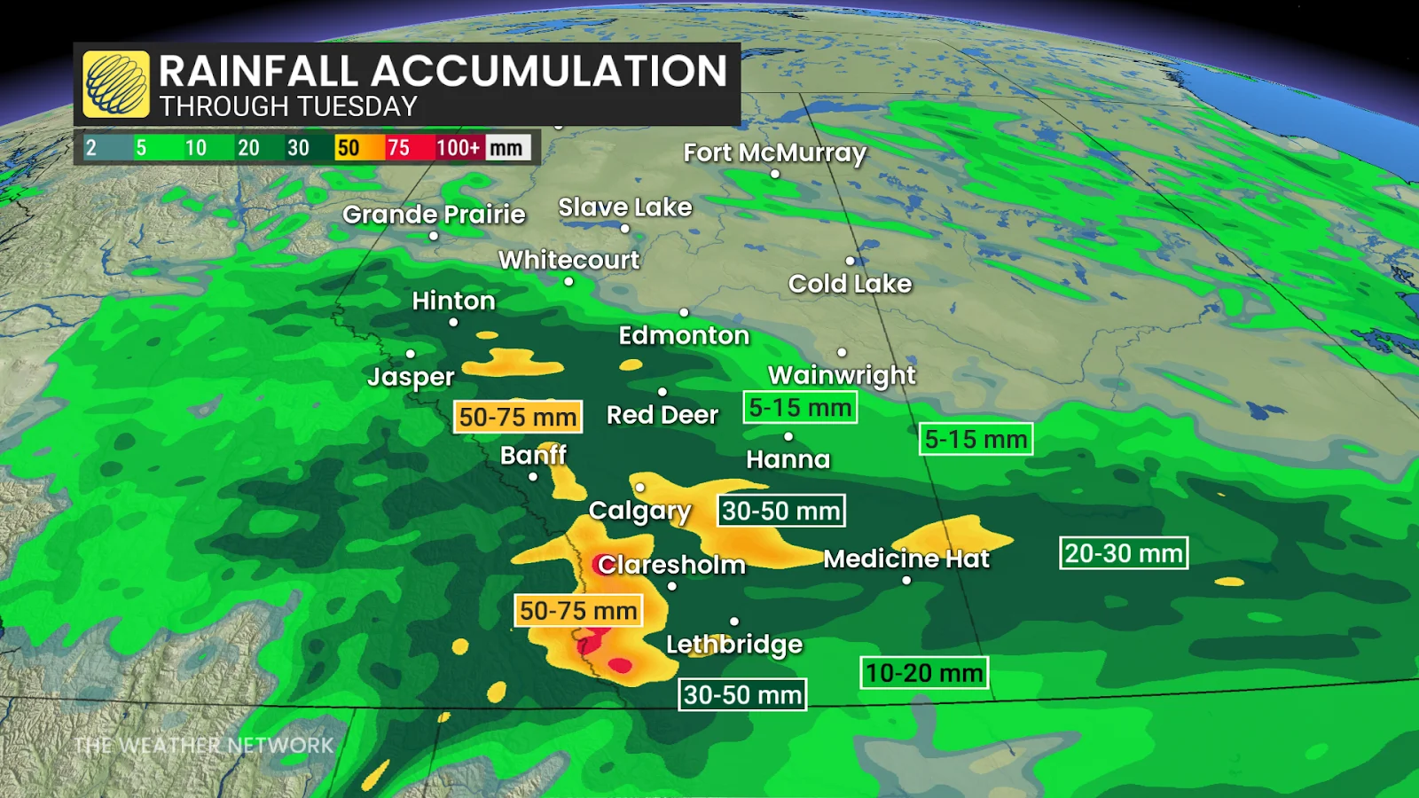 Alberta rainfall through Tuesday