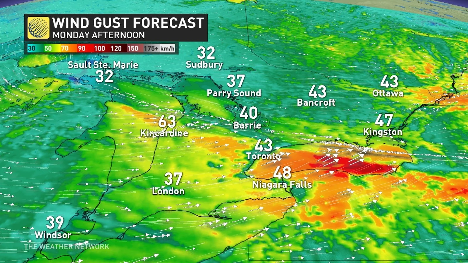 Ontario wind gust forecast Monday afternoon - Feb. 16, 2025