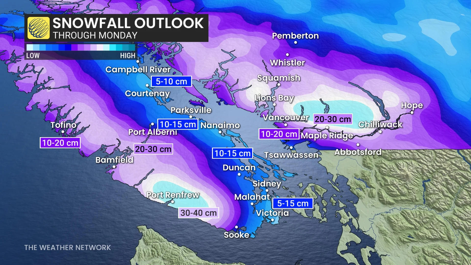 B.C. snowfall outlook through Monday