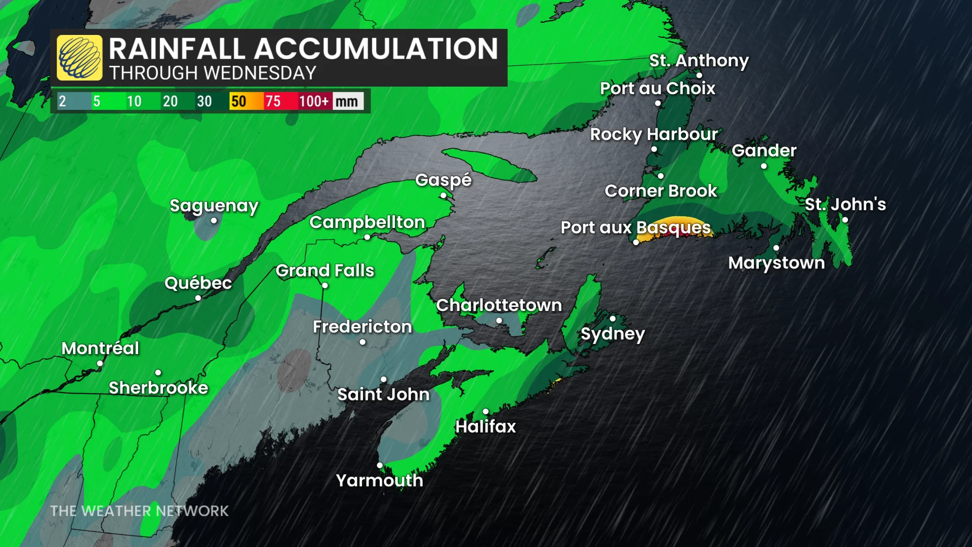 Atlantic Canada forecast rain totals through Wednesday - Aug. 24, 2026