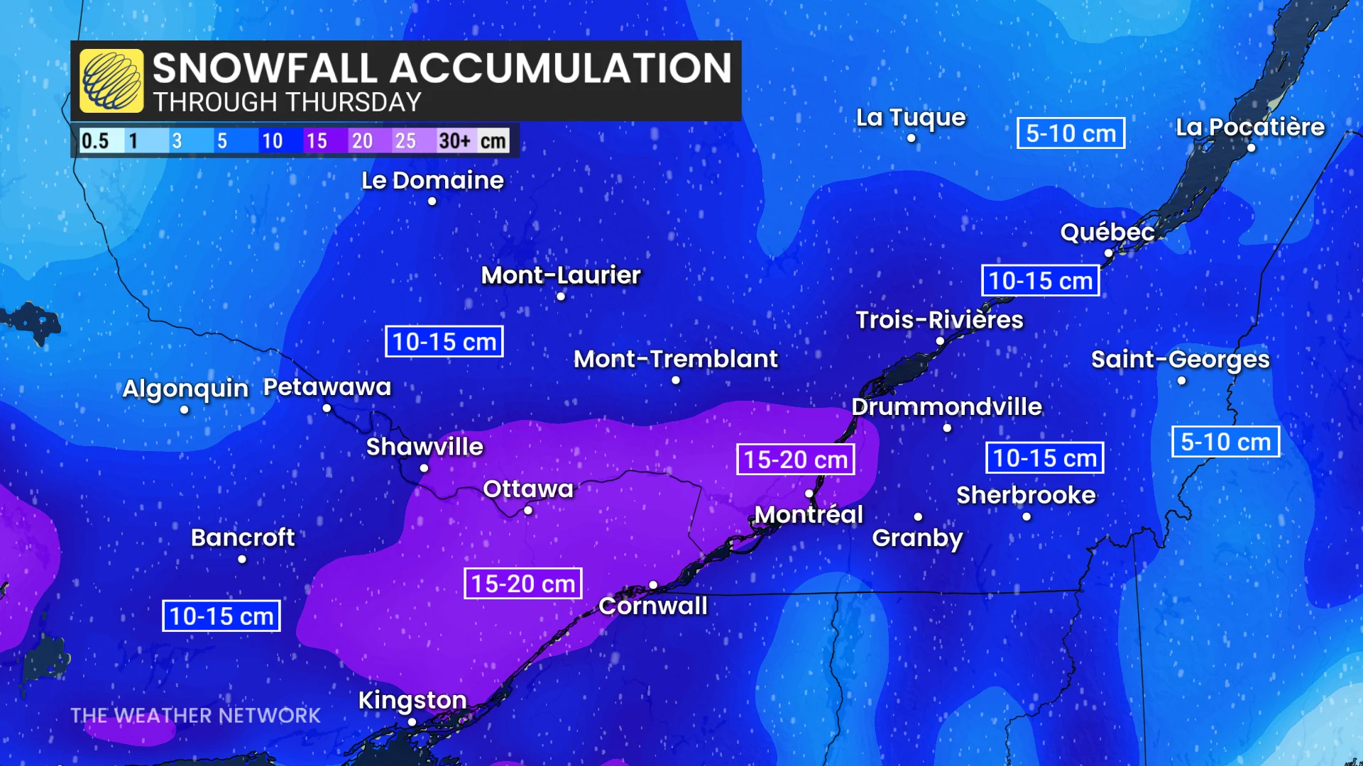 Eastern Ontario and Quebec snowfall through Thursday