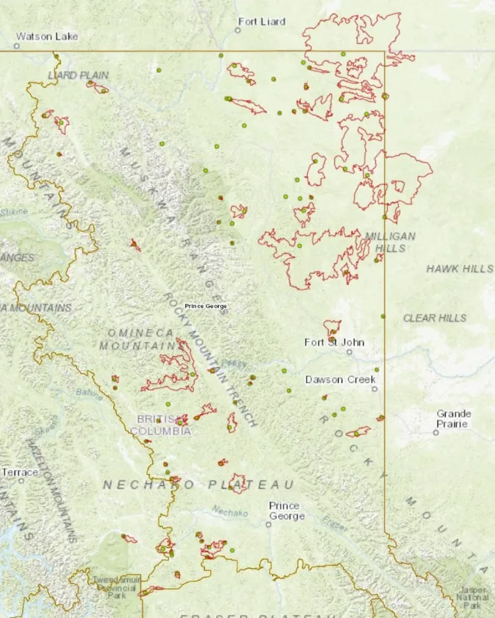 CBC: The B.C. Wildfire situation map as of Feb. 8, 2024. Areas in red outline indicate spots where wildfires may remain active. (B.C. Wildfire Service)