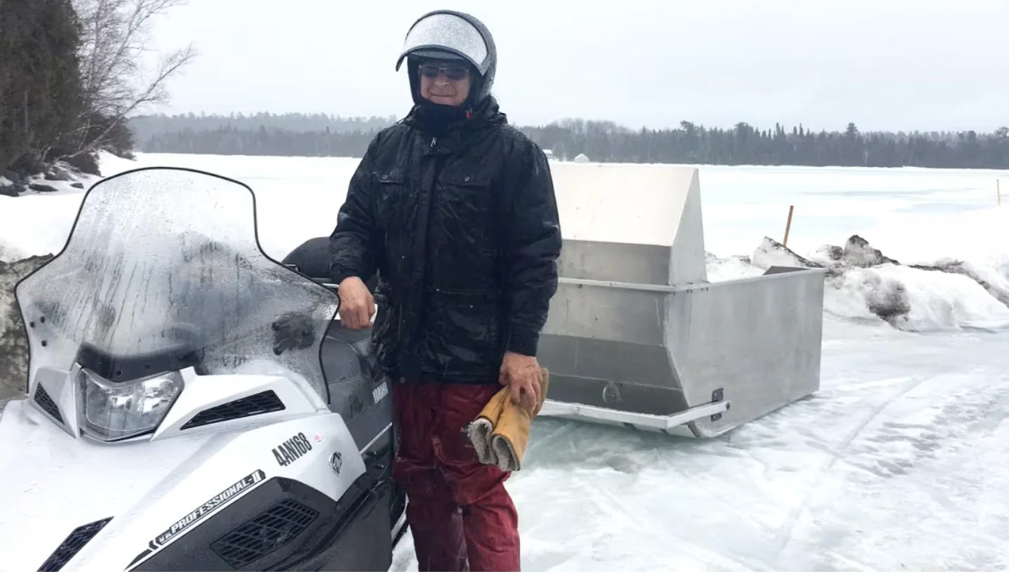 With the ice road not yet open to cars and trucks, Temagami First Nation has been offering a snowmobile shuttle to the mainland for the 245 people who live on Bear Island. (Temagami First Nation)
