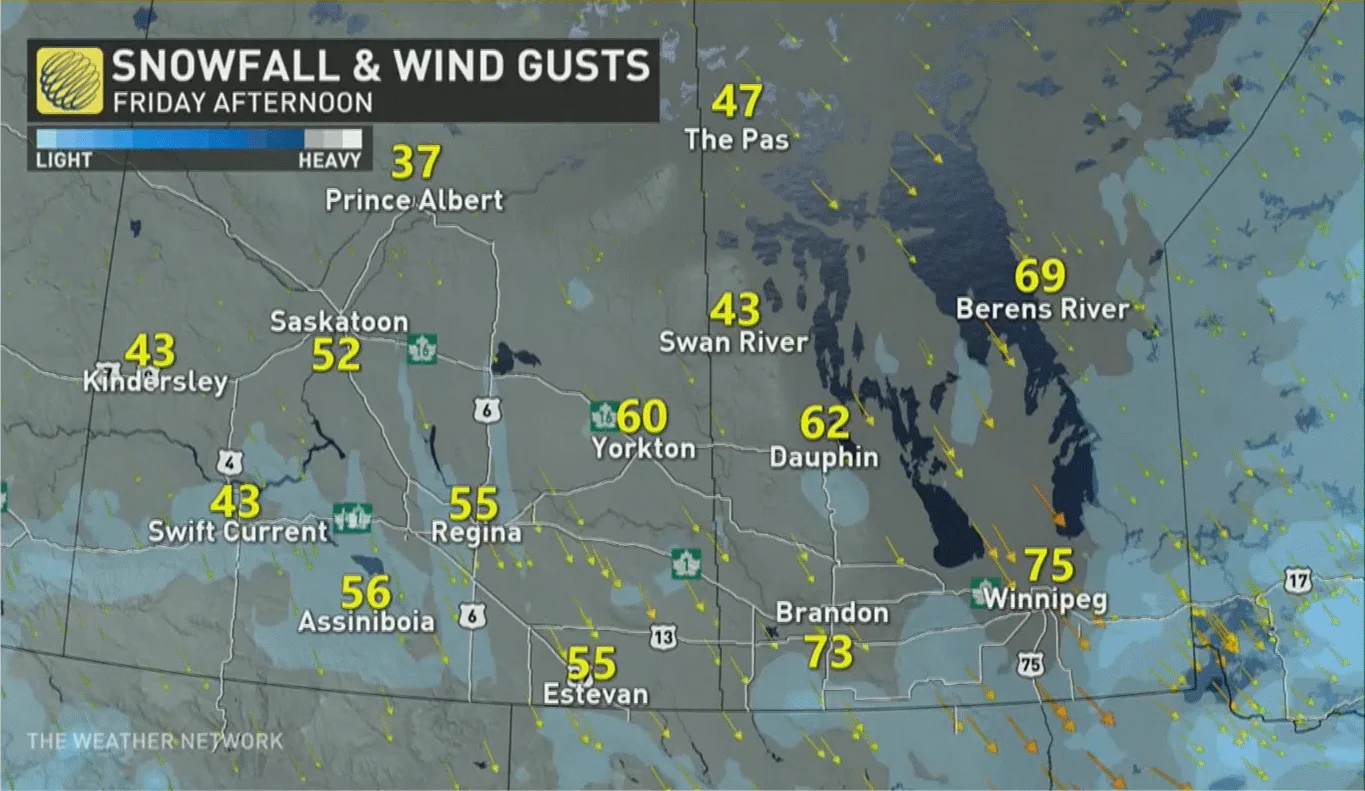 Prairies Friday afternoon snow wind gusts