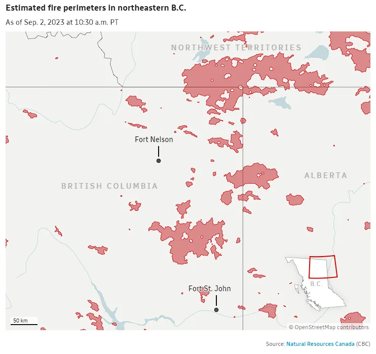 (CBC) estimated fire perimeters northeast B.C. september 2 2023