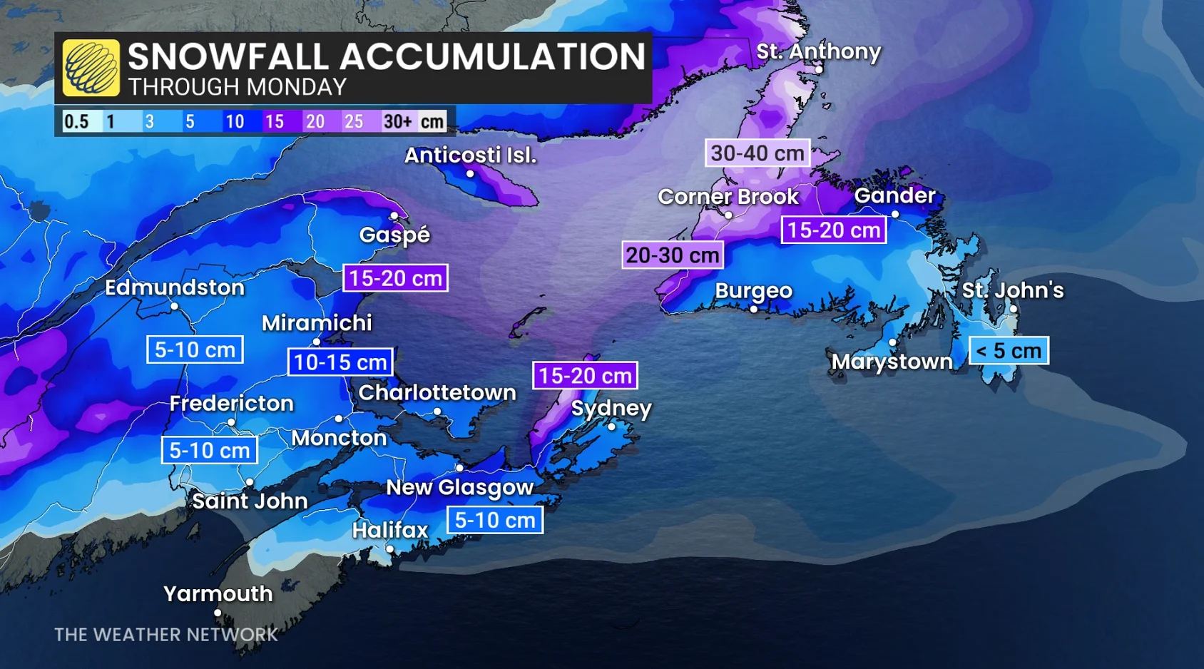 Atlantic Canada snow through Monday