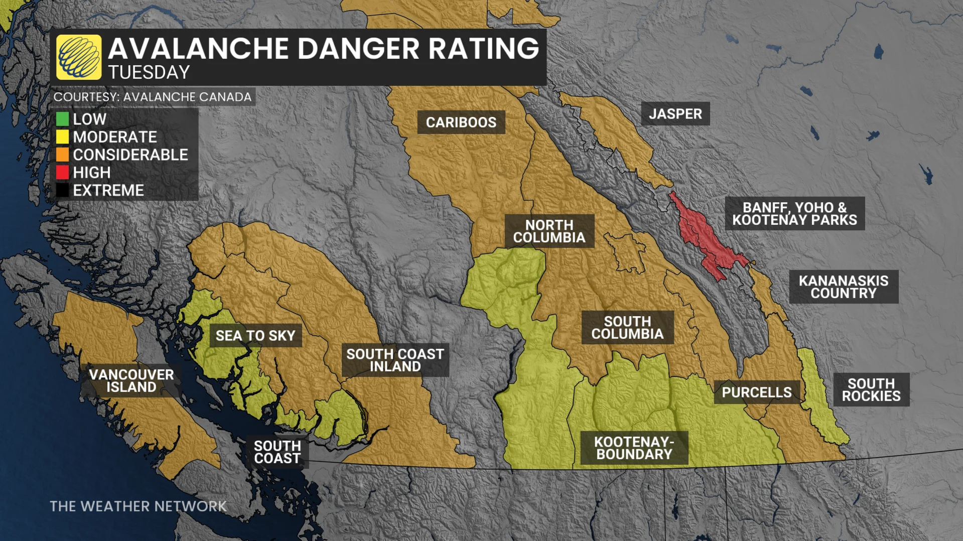 B.C. avalanche danger rating Tuesday