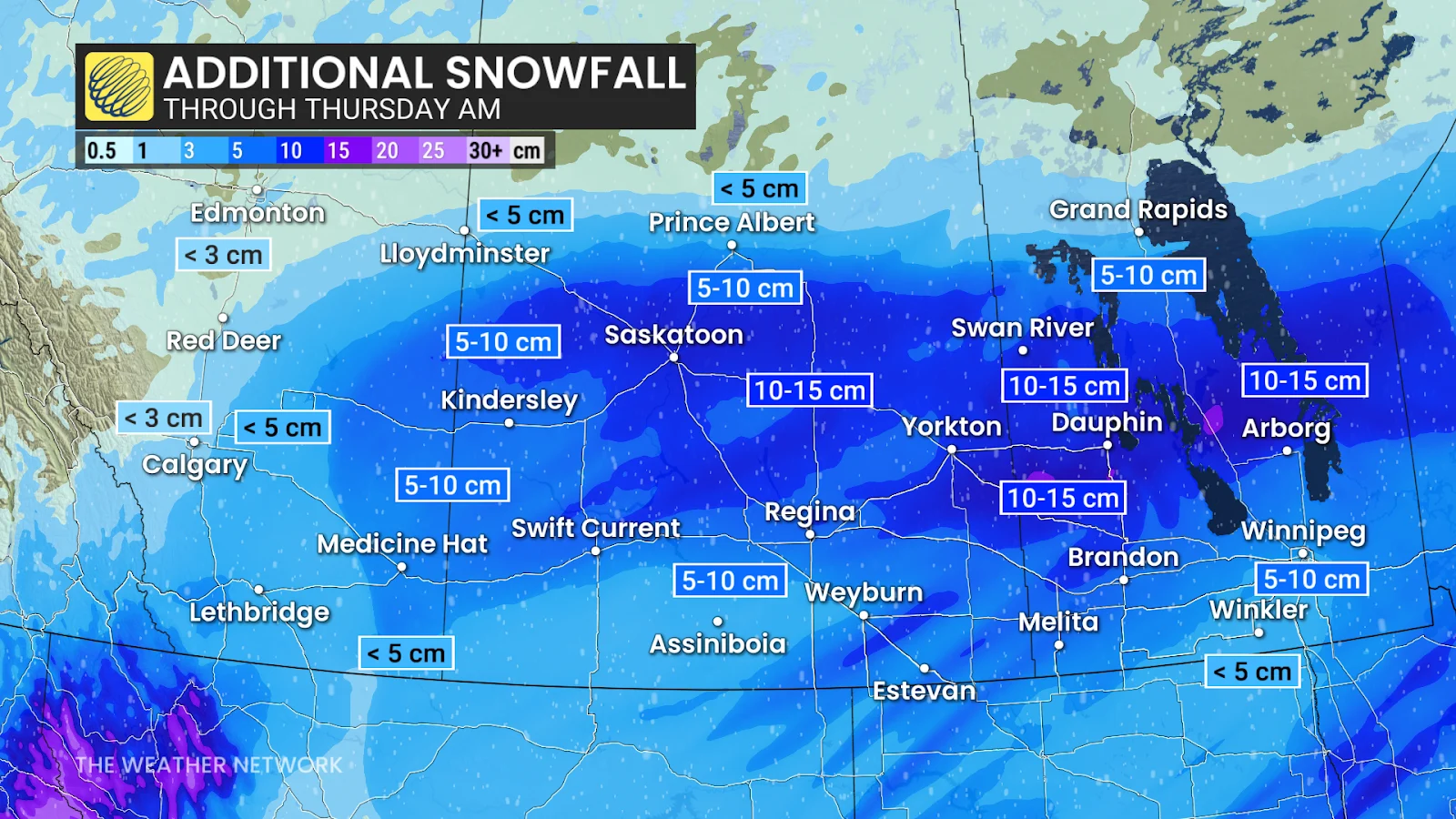 Prairies forecast snow totals through Thursday morning - Feb. 5, 2025