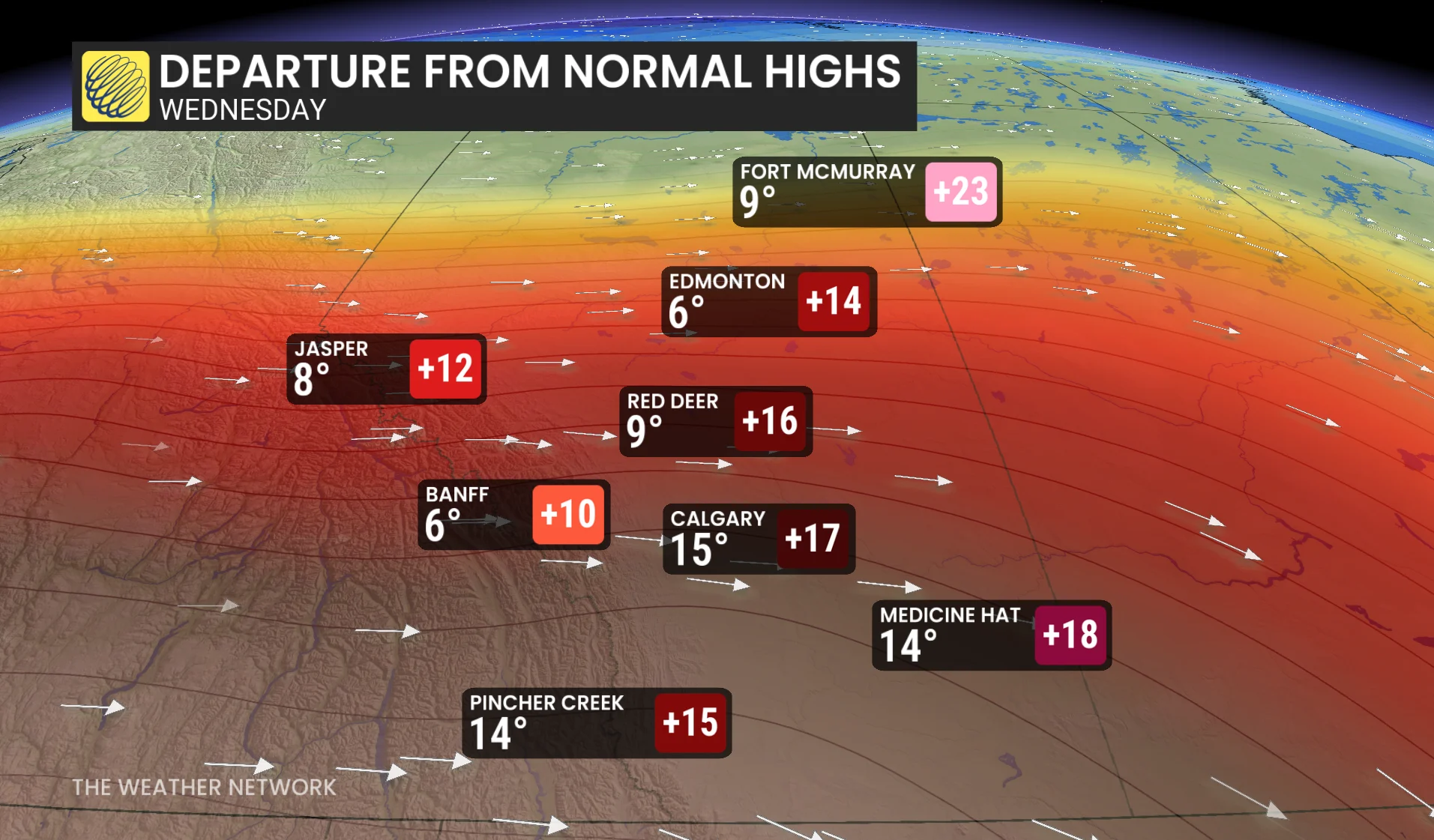 Baron - Alberta departure from normal highs Wednesday - Jan 13