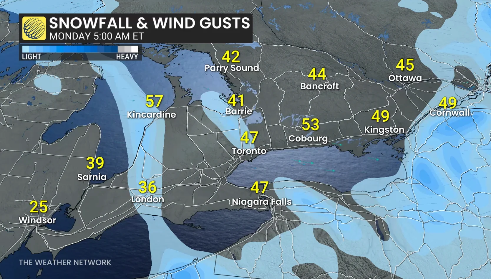 Ontario snow and wind gusts Monday morning
