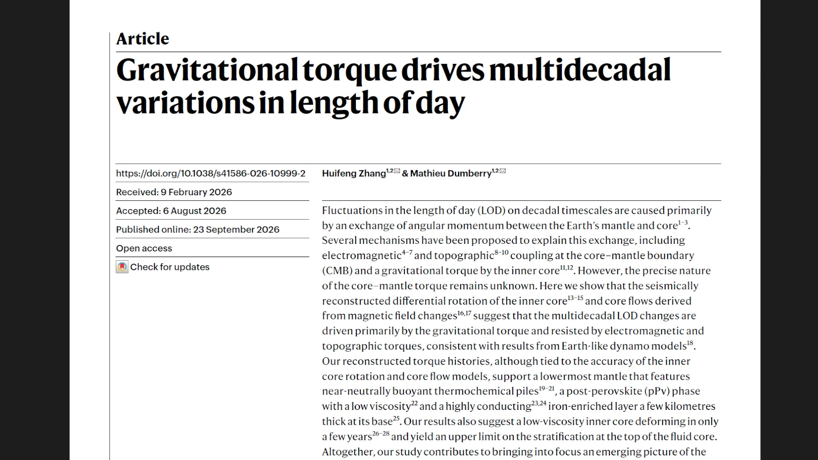 Gravitational torque article - Zhang Dumberry Nature