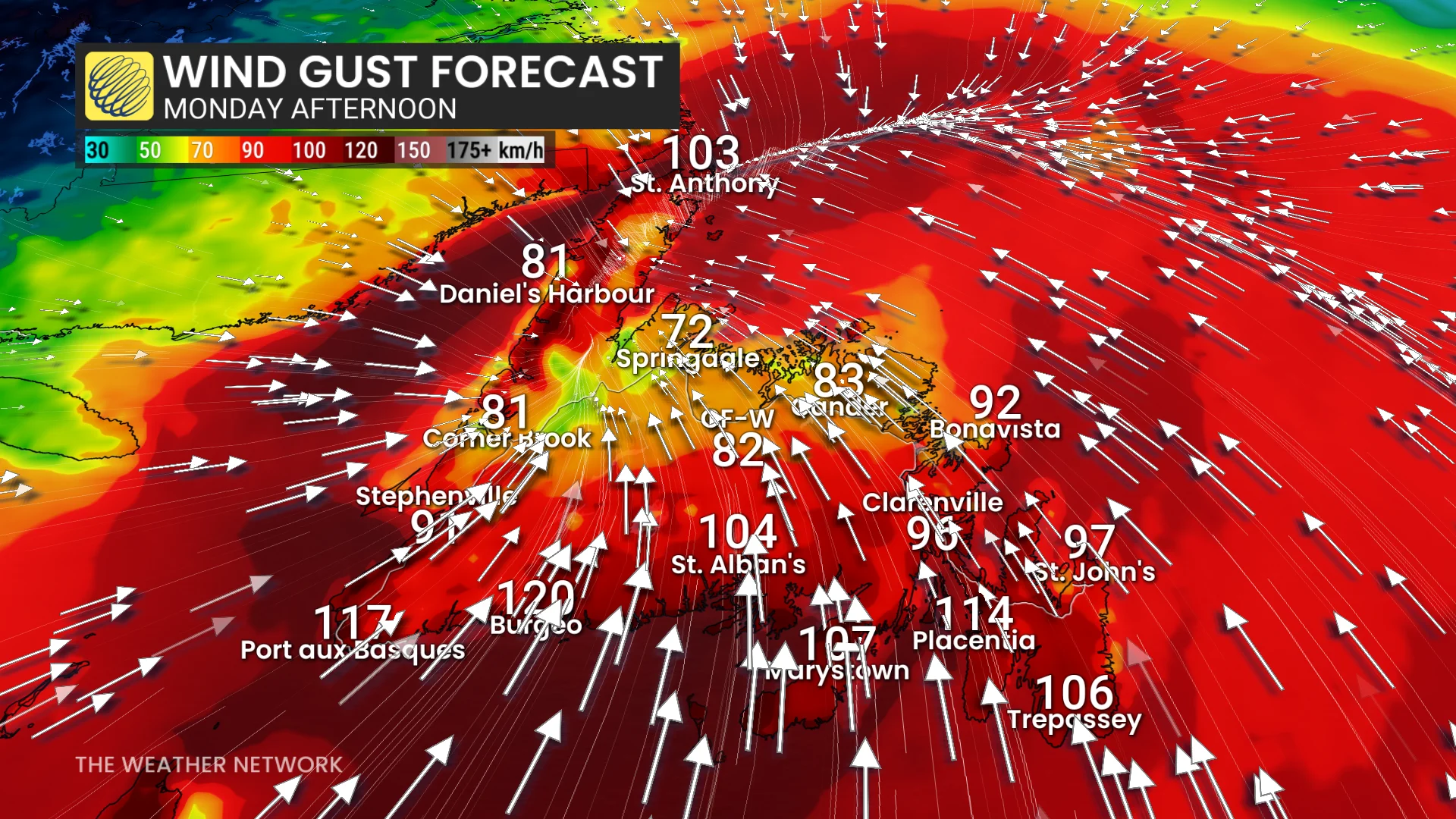 Atlantic Canada wind gusts Monday afternoon