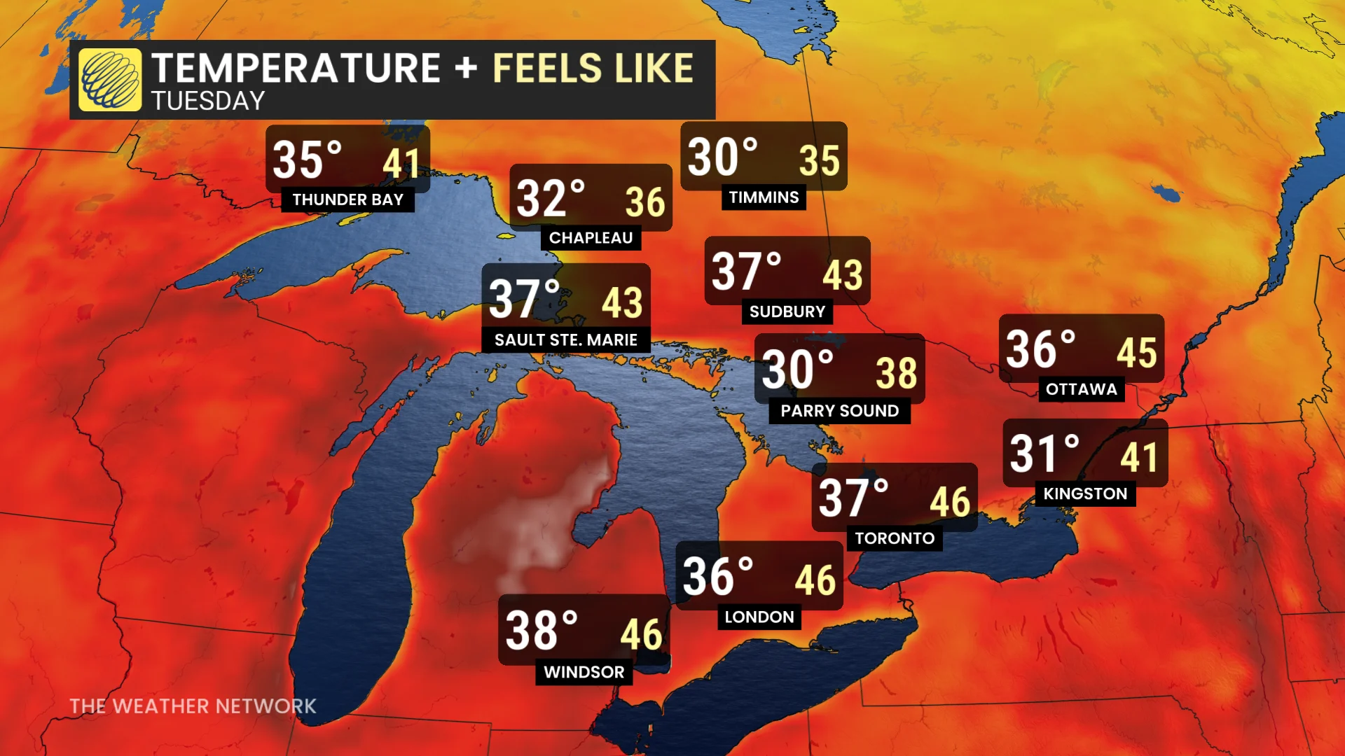 Baron - Ontario temperatures Tuesday - July 13
