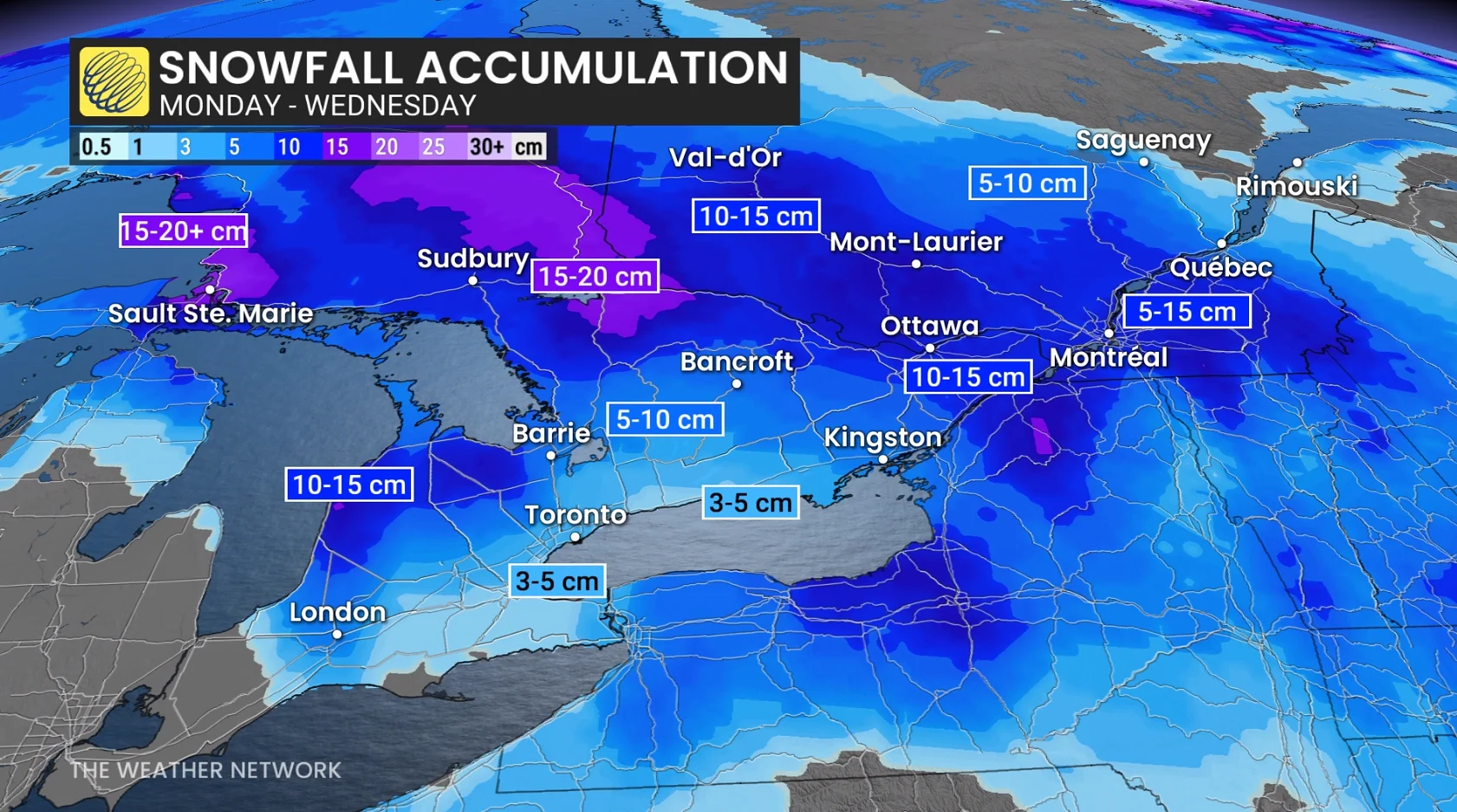 Ontario snowfall accumulation Monday to Wednesday