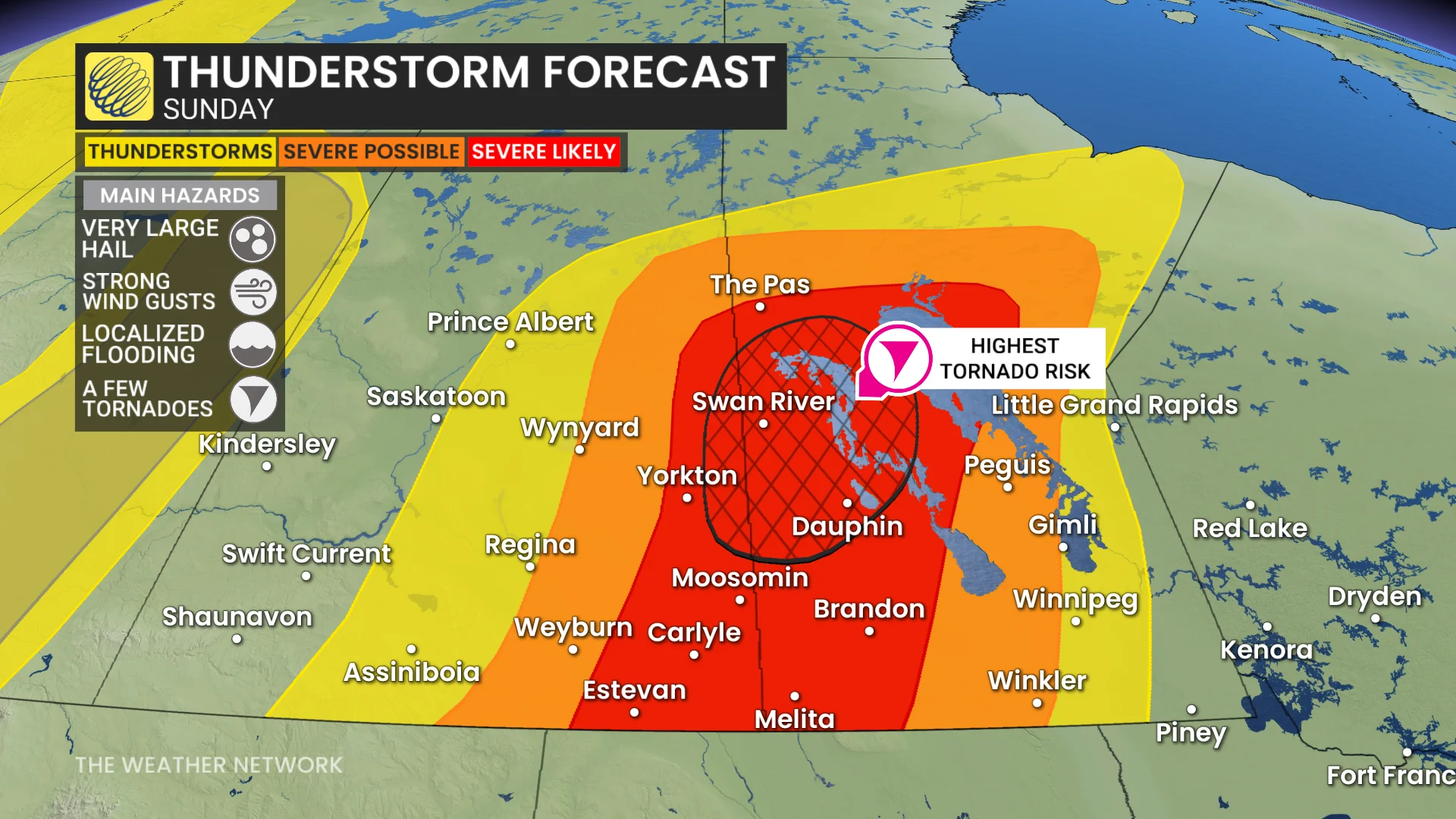 Prairies storm risk map Sunday