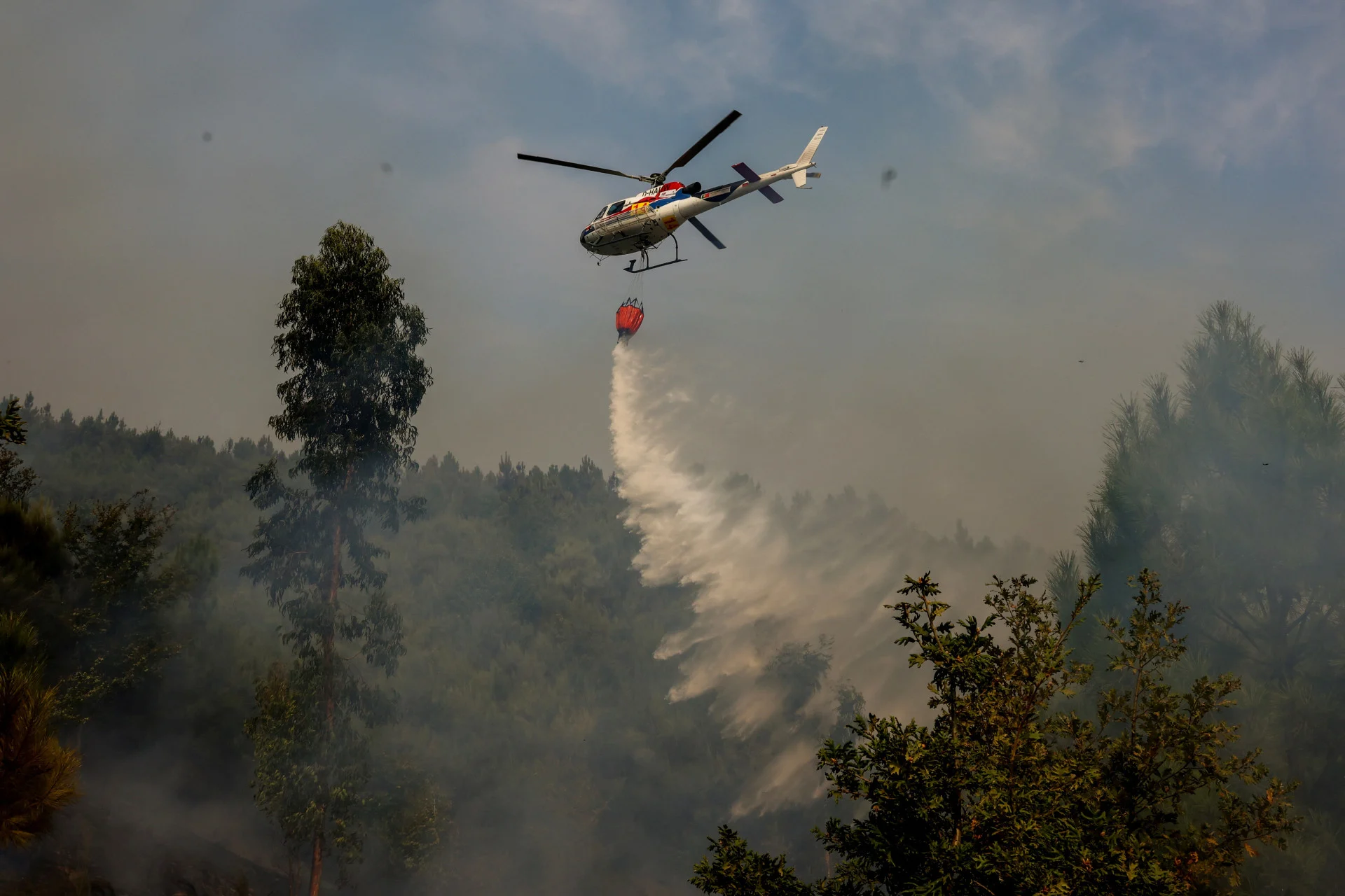 REUTERS: A helicopter drops water on a terrain during a wildfire in Castro Daire, Portugal, September 19, 2024. REUTERS/Pedro Nunes
