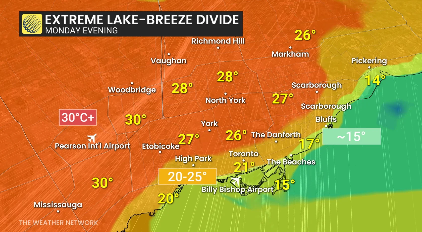 Greater Toronto Area Temperatures Monday Evening