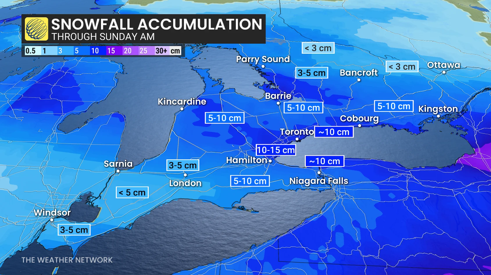 Southern Ontario forecast snowfall totals Saturday night into Sunday morning - Feb. 8, 2025