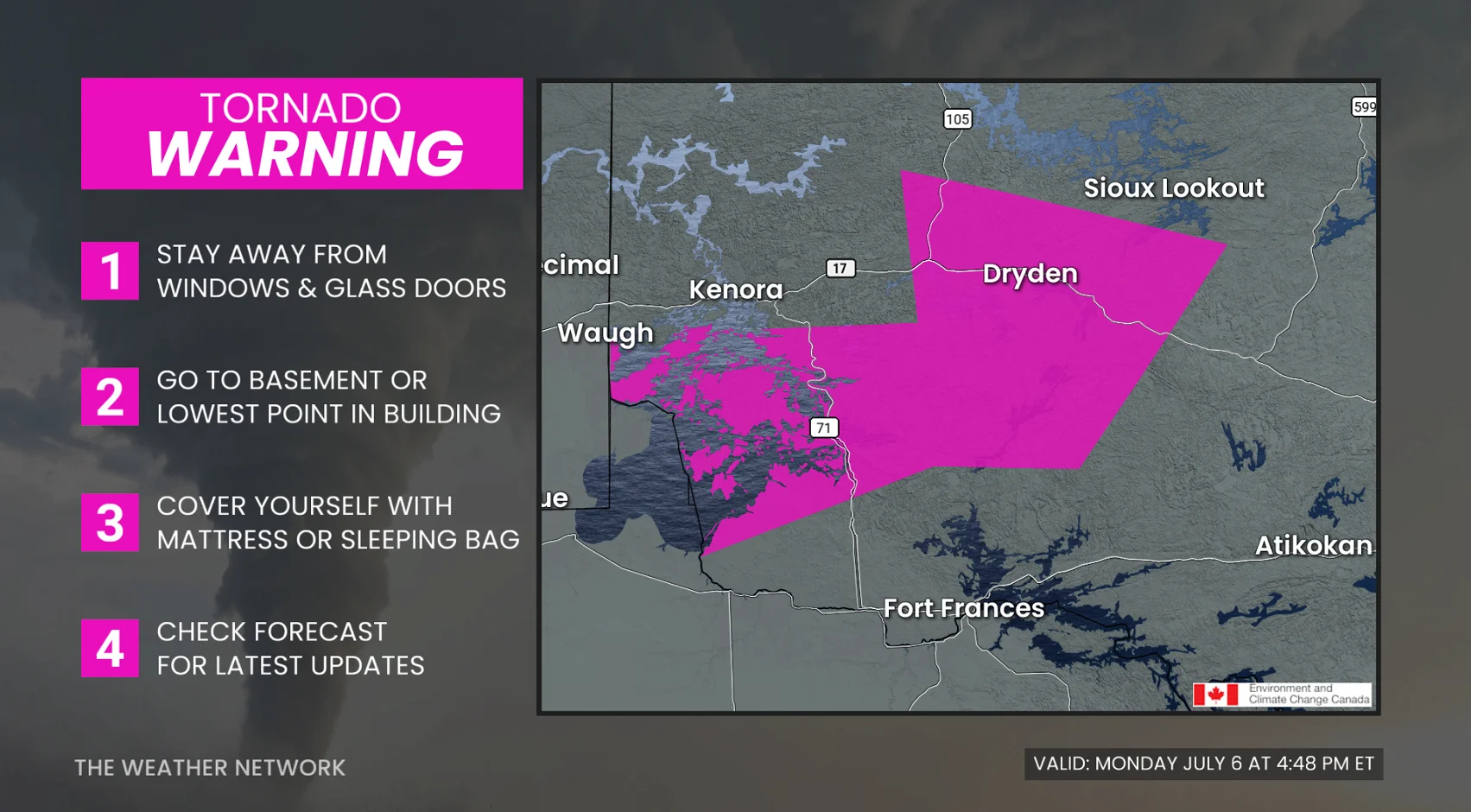 Northwestern Ontario tornado warning 4 - July 6, 2026