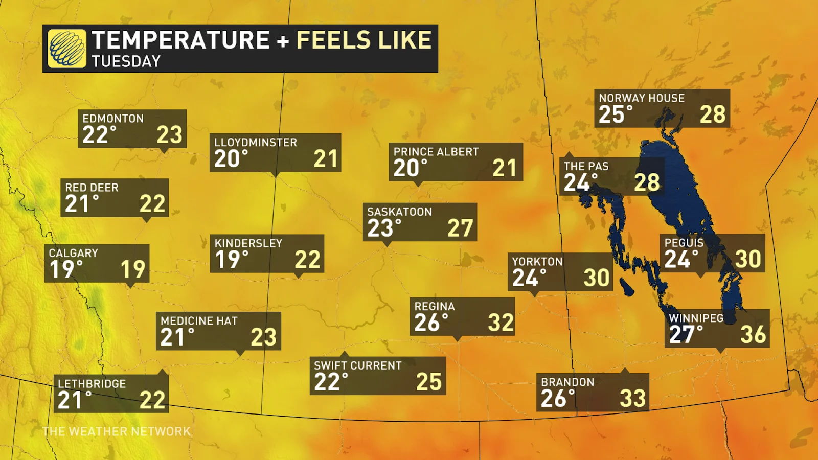 Prairies temperatures Tuesday