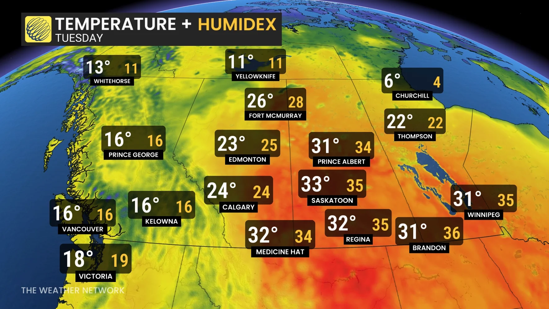 Western Canada temperatures Tuesday