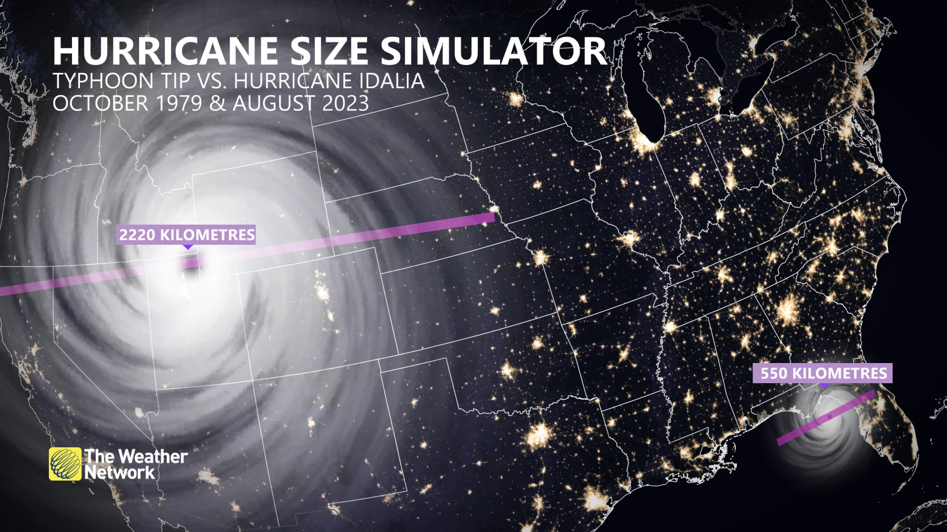 Hurricane size simulator Typhoon Tip versus Hurricane Idalia