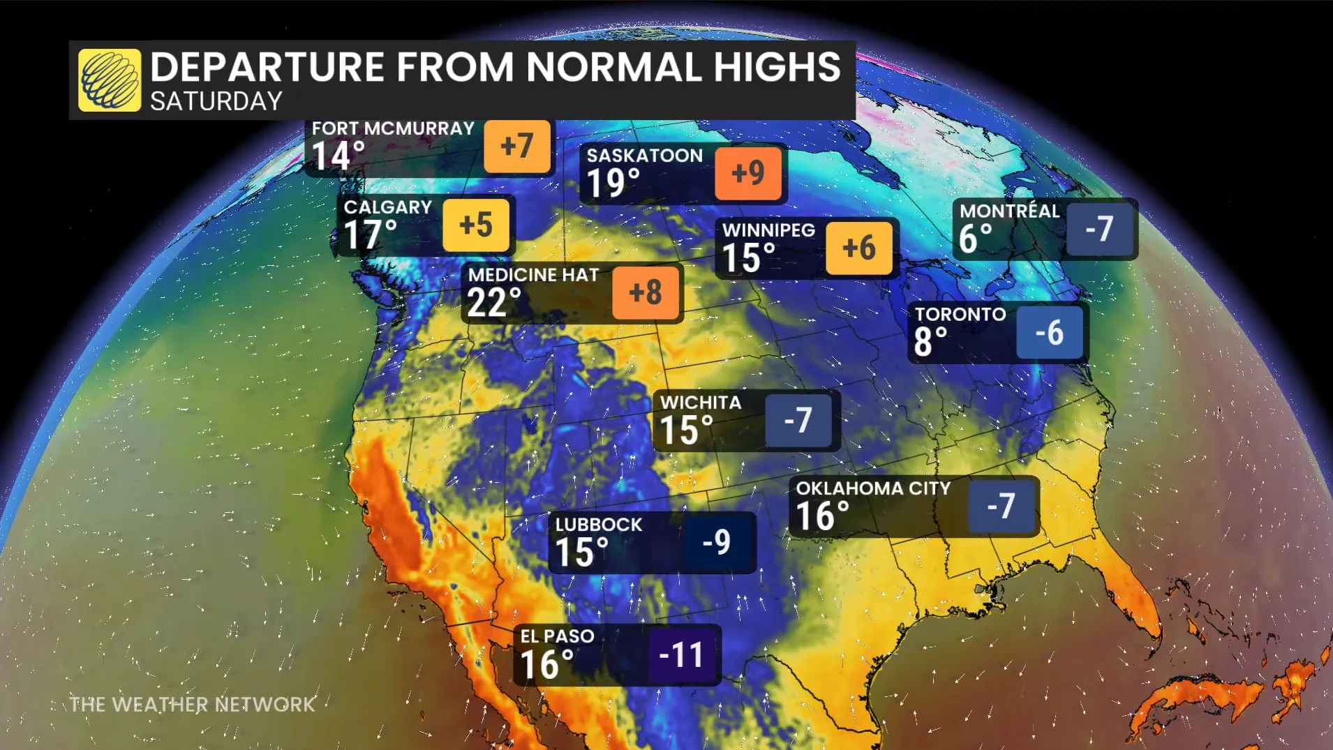 North America temperature departure from normal Saturday