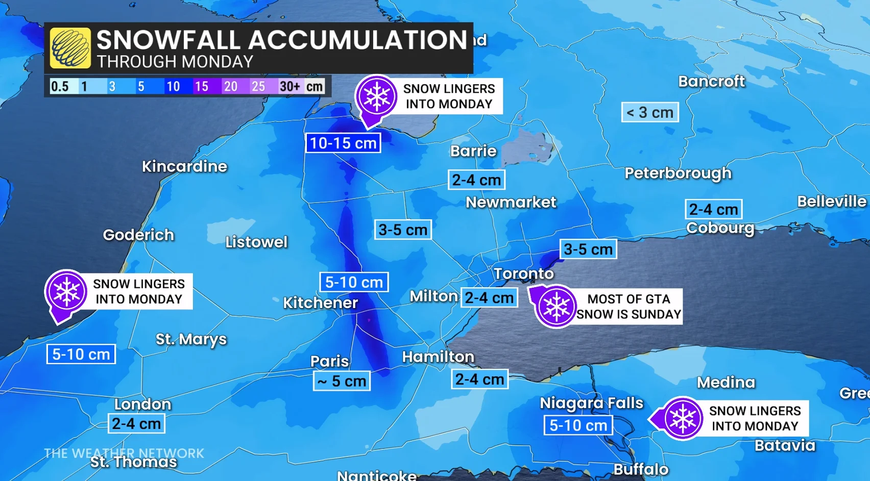 Southern Ontario snowfall crop through Monday