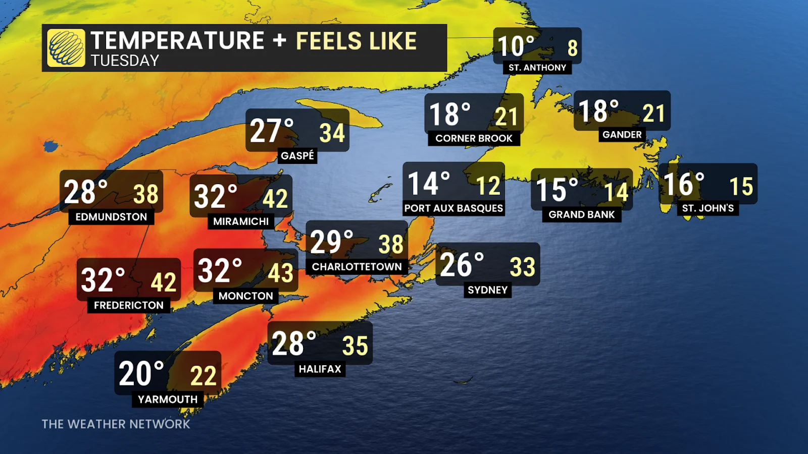 Atlantic Canada Tuesday forecast temperatures - June 23, 2025