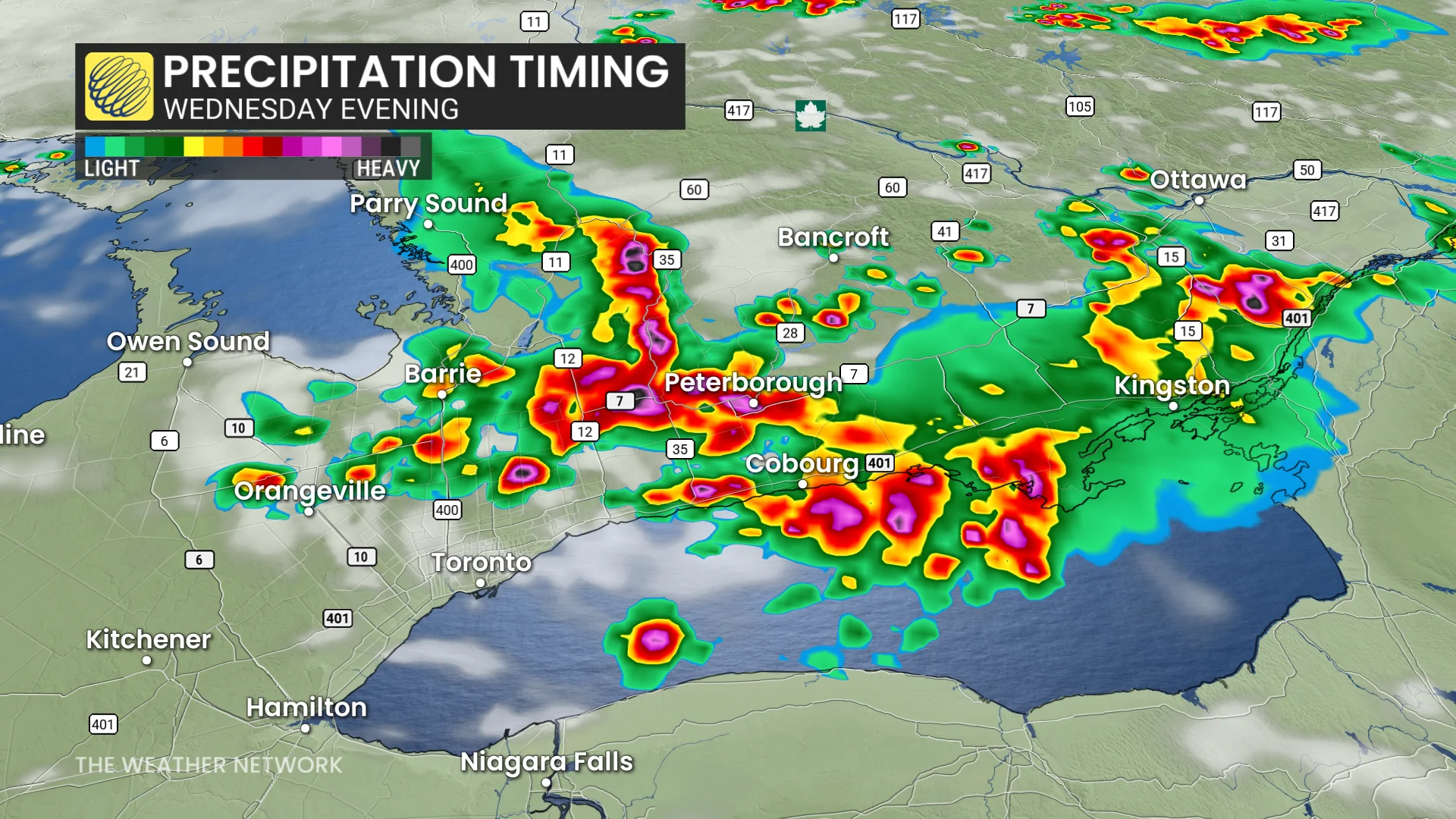 Ontario precipitation timing Wednesday evening