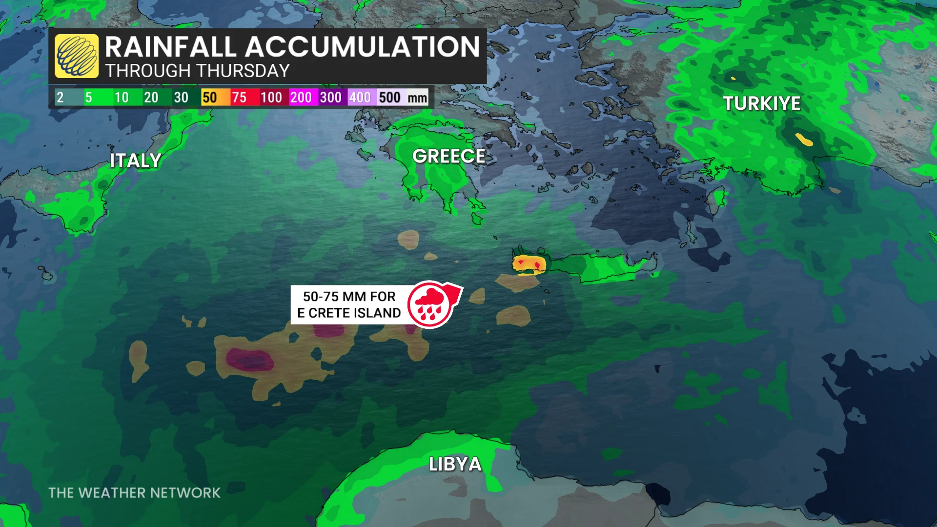 Mediterranean region rainfall through Thursday