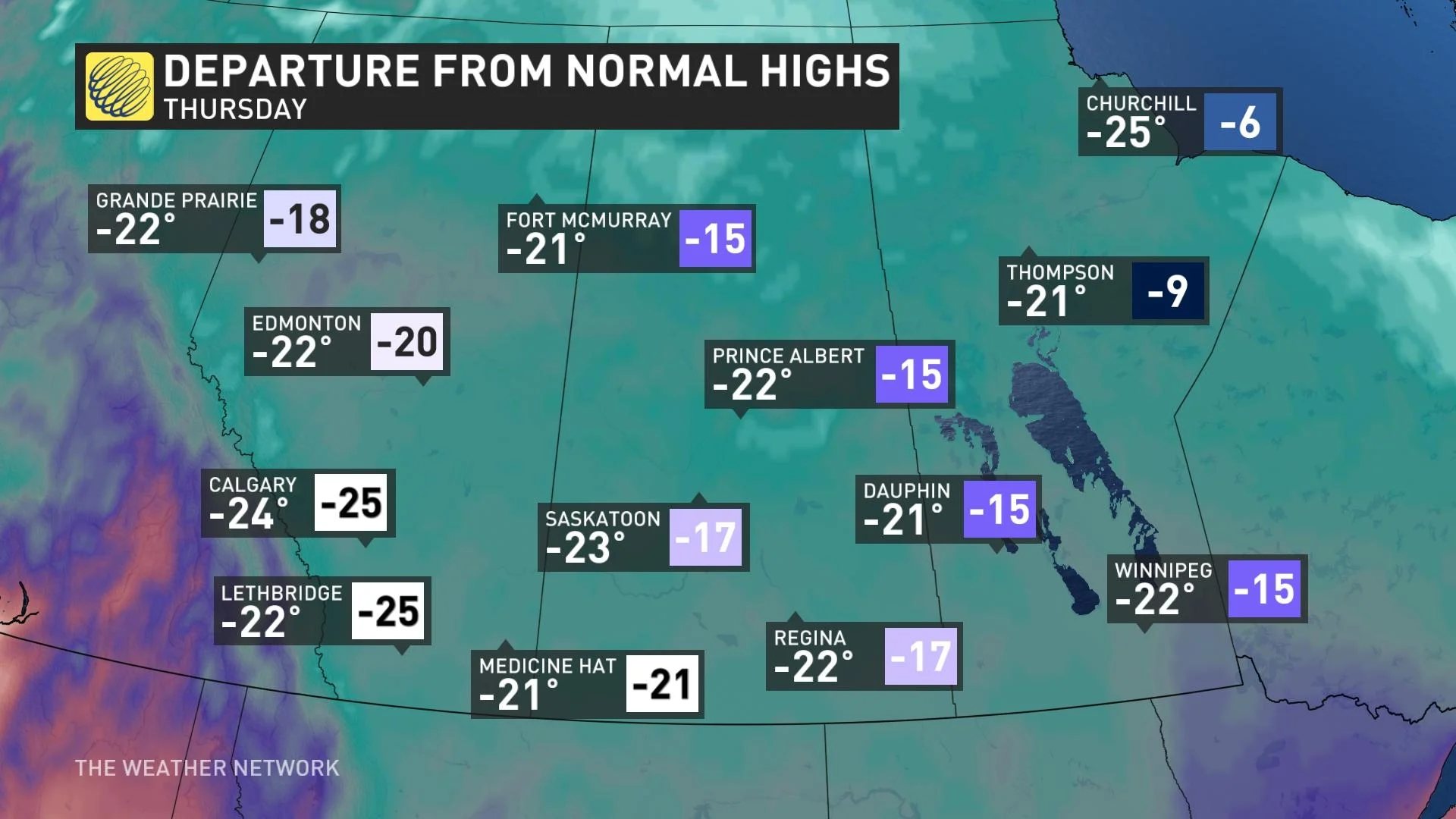 Prairies temp differences from normal Feb 19 2023 PM update