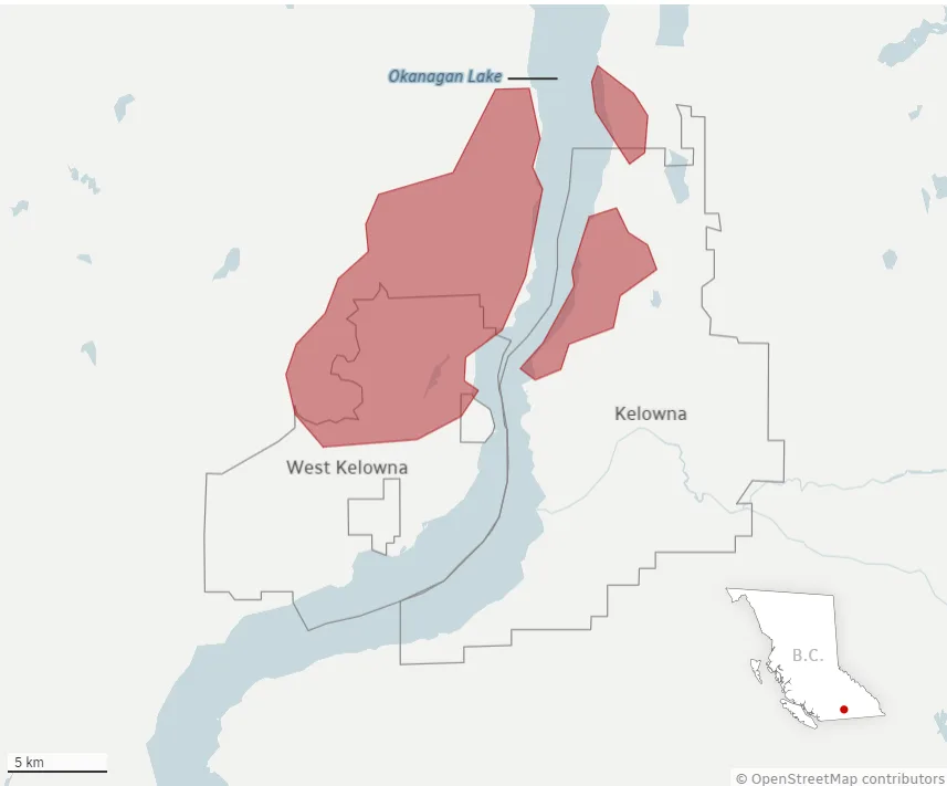 CBC: Estimated fire perimeters near Kelowna and West Kelowna as of Aug. 21, 2023 at 6:00 a.m. PT. Source: Natural Resources Canada (CBC)