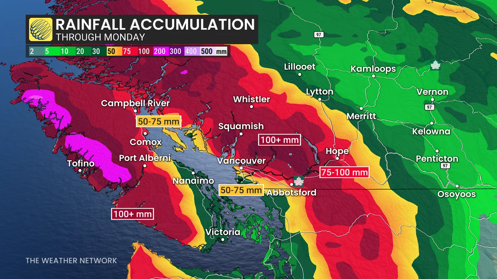 British Columbia rainfall through Monday