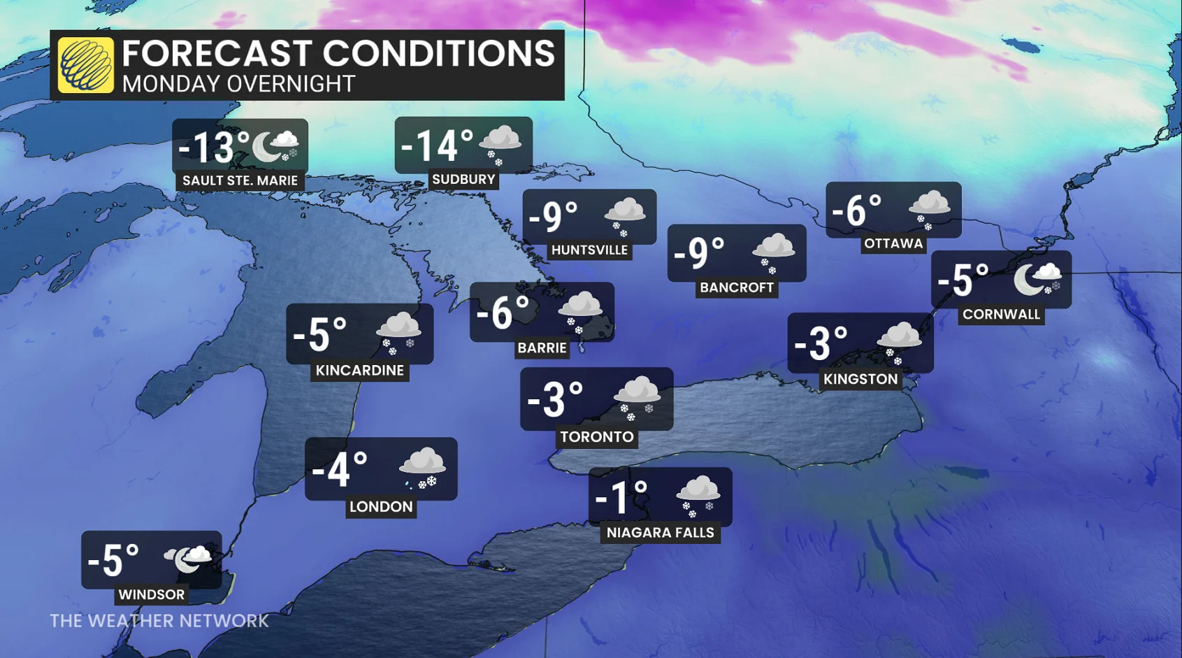 Ontario Monday overnight temperatures and icons