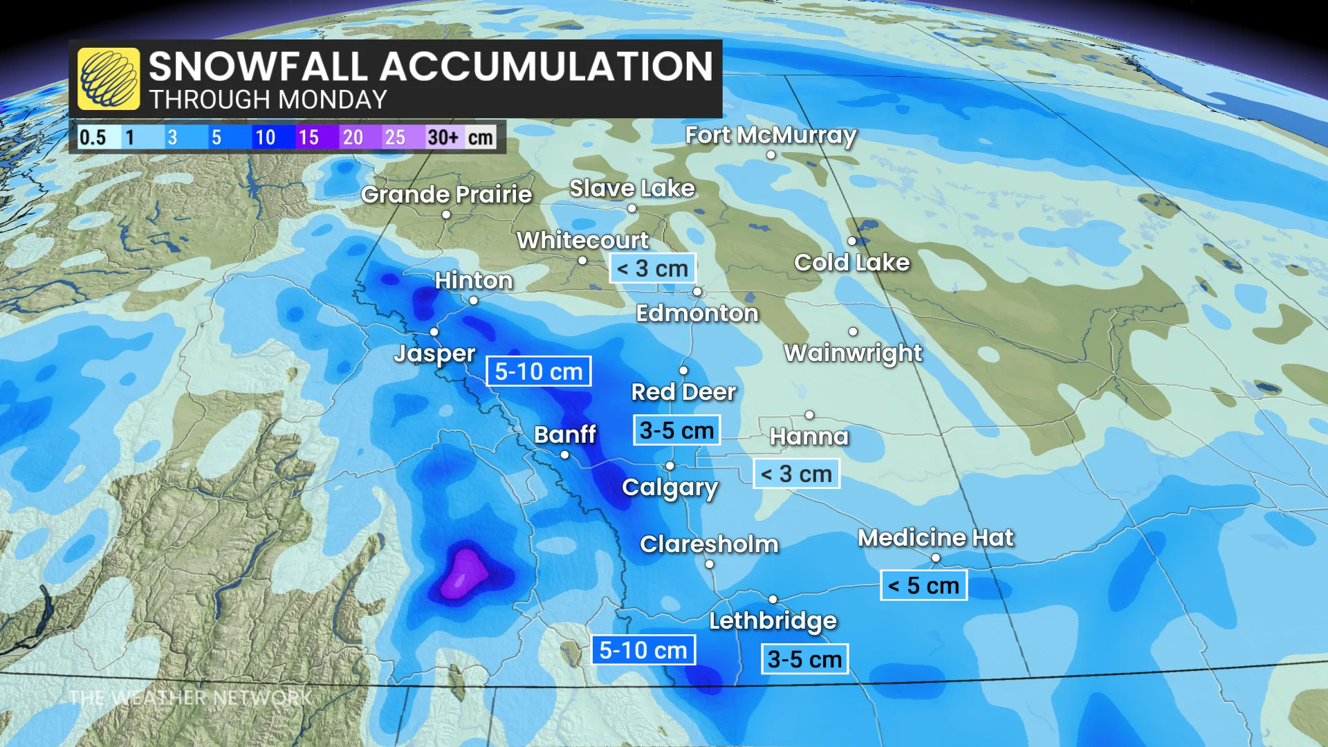 Aberta snowfall accumulation through Monday