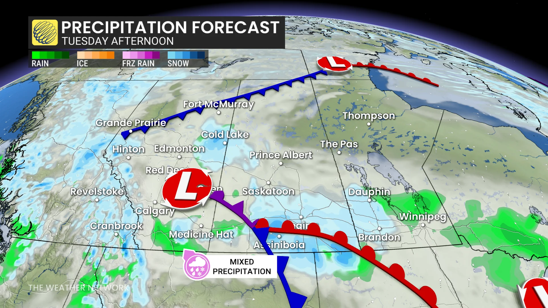 Prairies Tuesday afternoon forecast snow and rain - Oct. 26, 2026