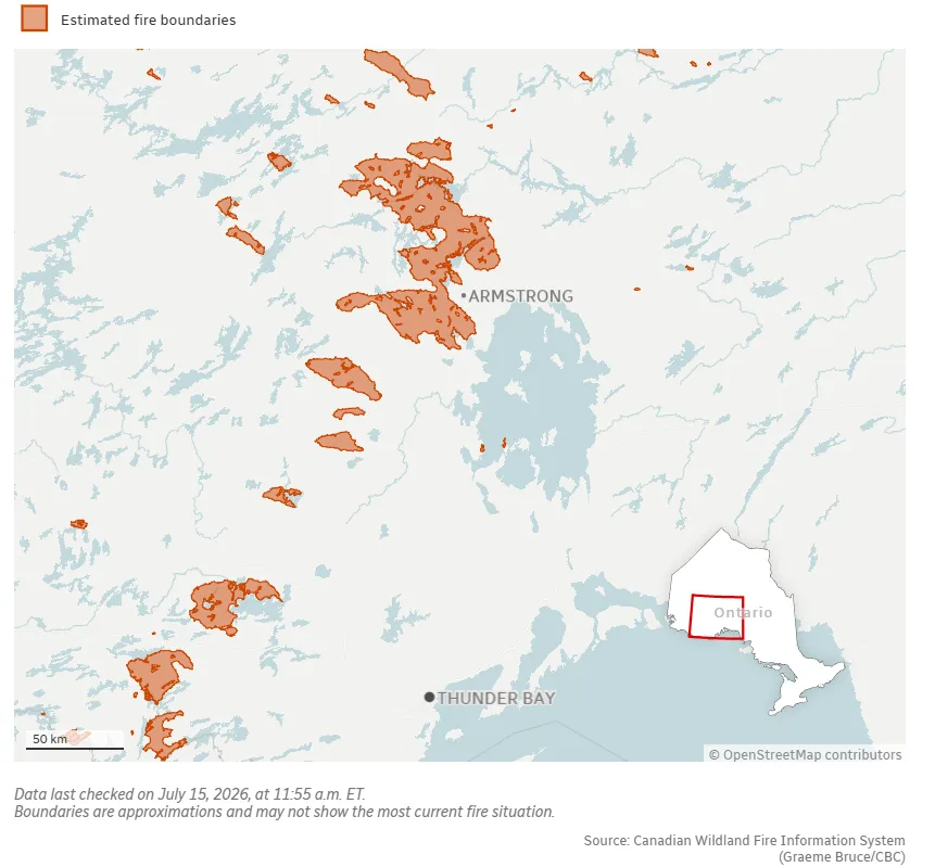 CBC - Ontario estimated fire boundaries - July 15