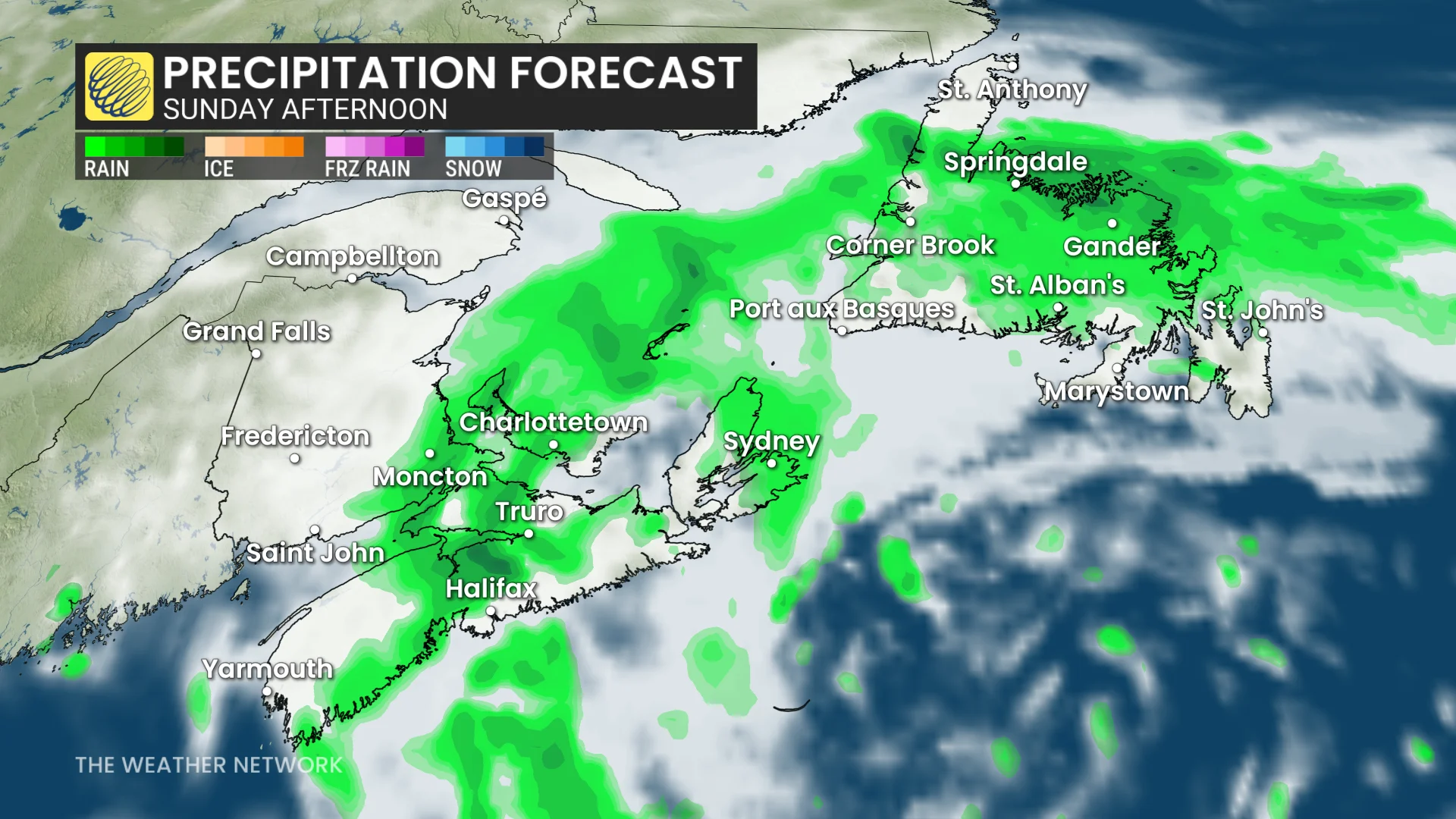 Atlantic Canada precipitation forecast Sunday afternoon