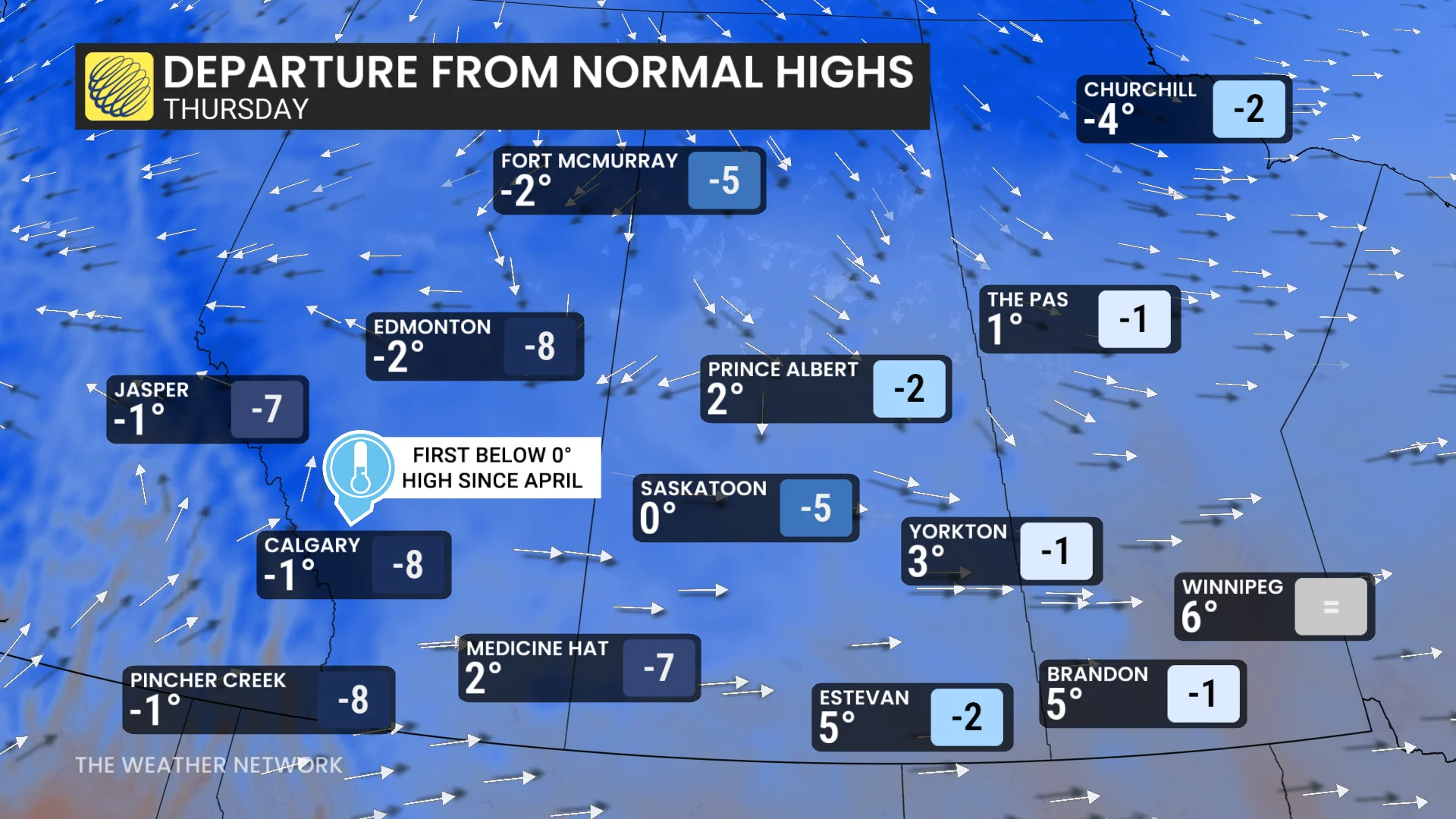 Prairies forecast Thursday temperatures and departures from normal - Oct. 27, 2026