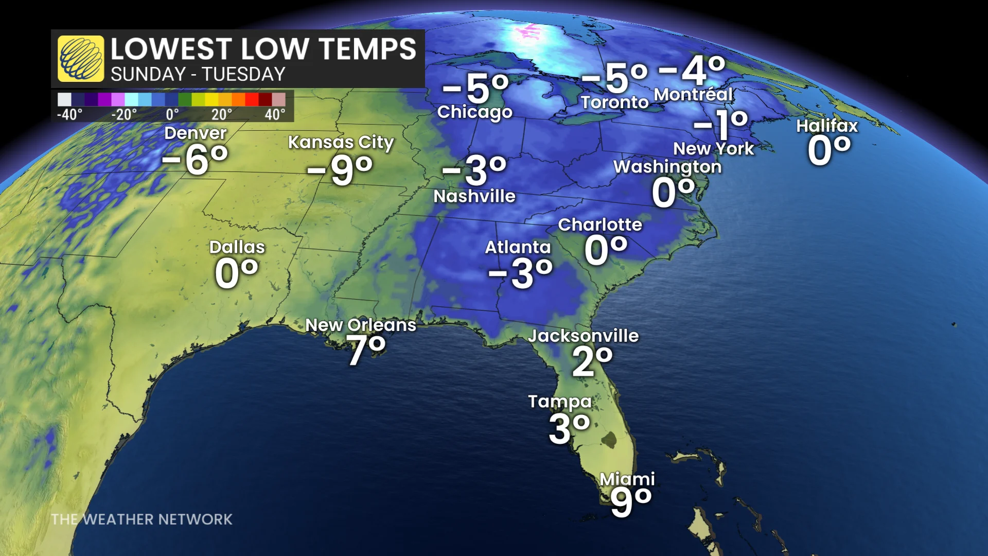 North America Sunday to Tuesday lowest of the low temperatures