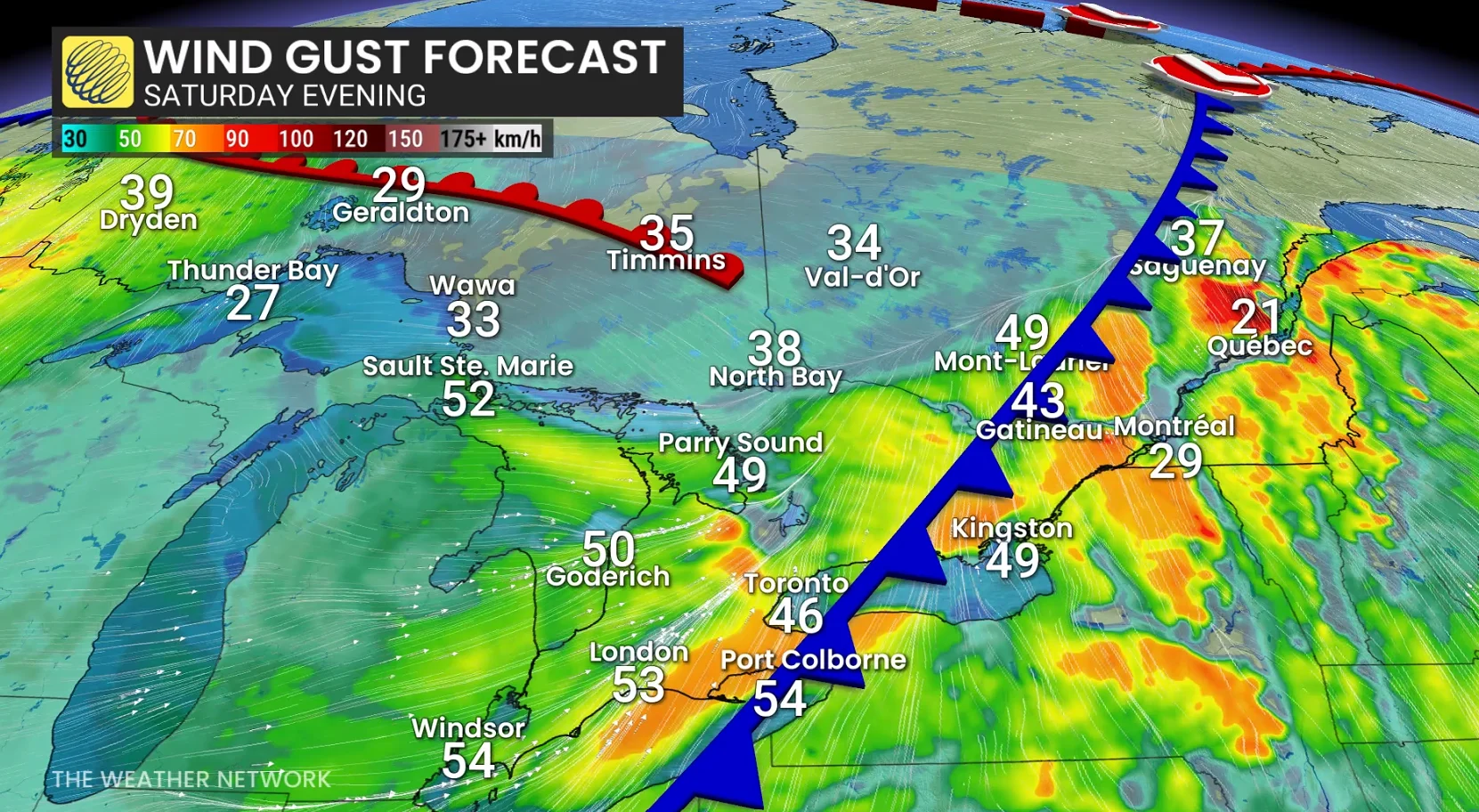 Ontario wind gusts Saturday evening