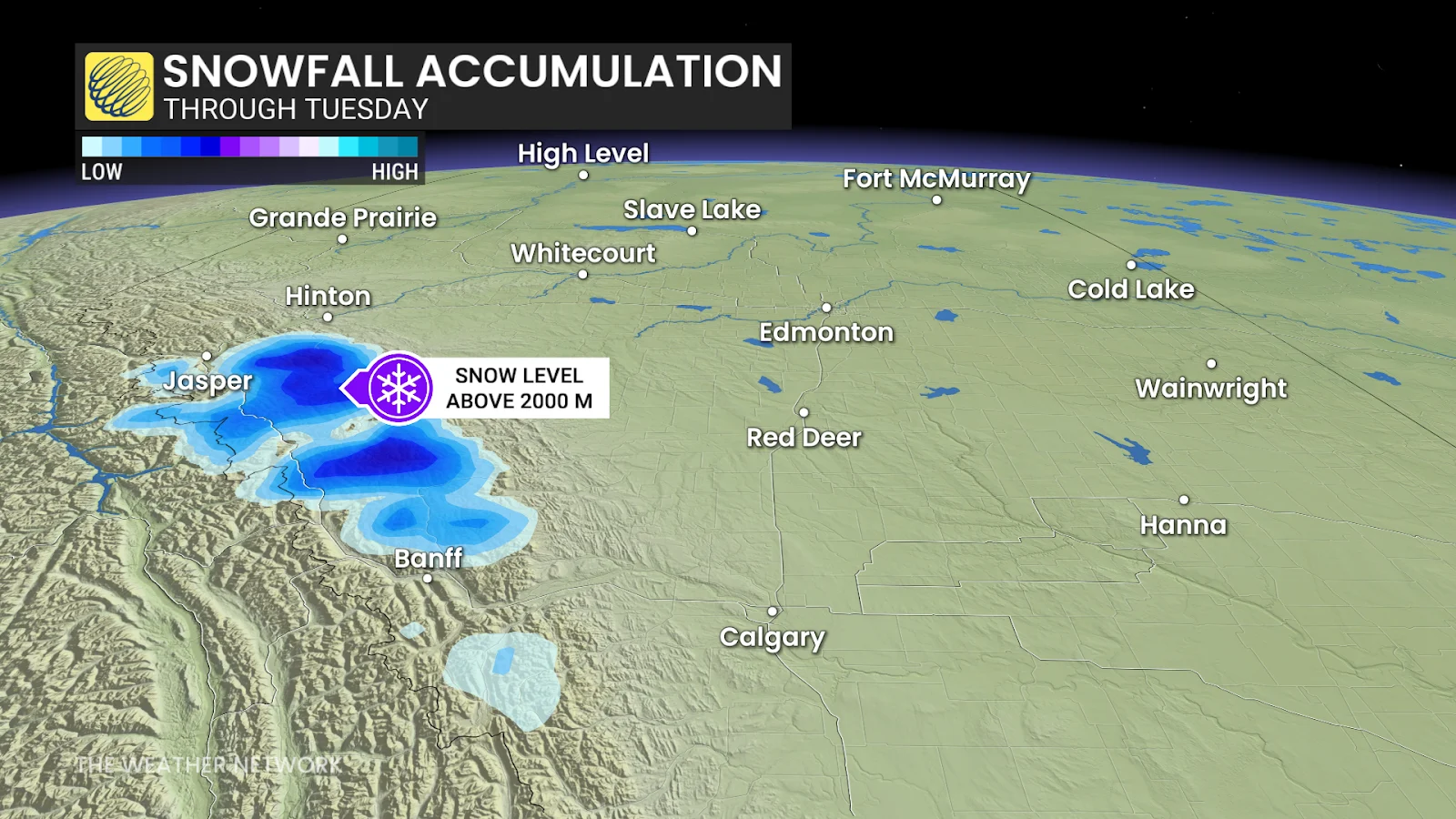 Summer, Snow, Forecast, Tuesday, Snowfall, Cold, Alberta, July 20, 2025. (The Weather Network/Tyler Hamilton)
