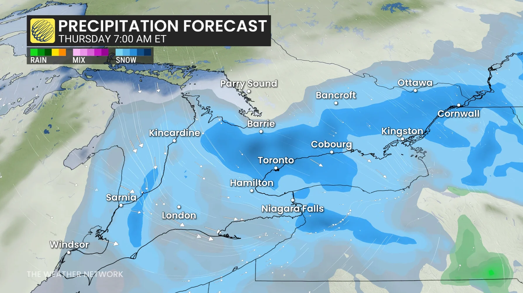 Ontario precipitation timing Thursday morning