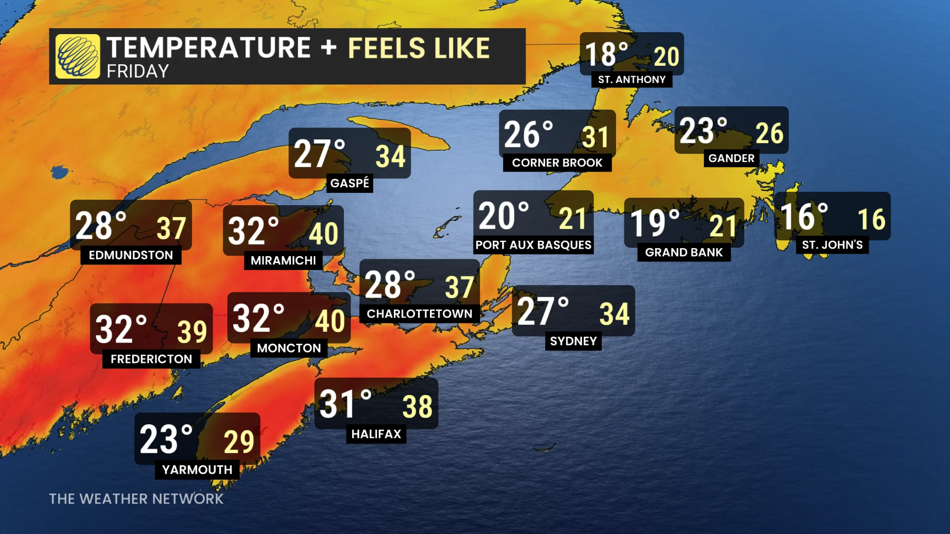 Atlantic Canada Friday temperatures and feels-like