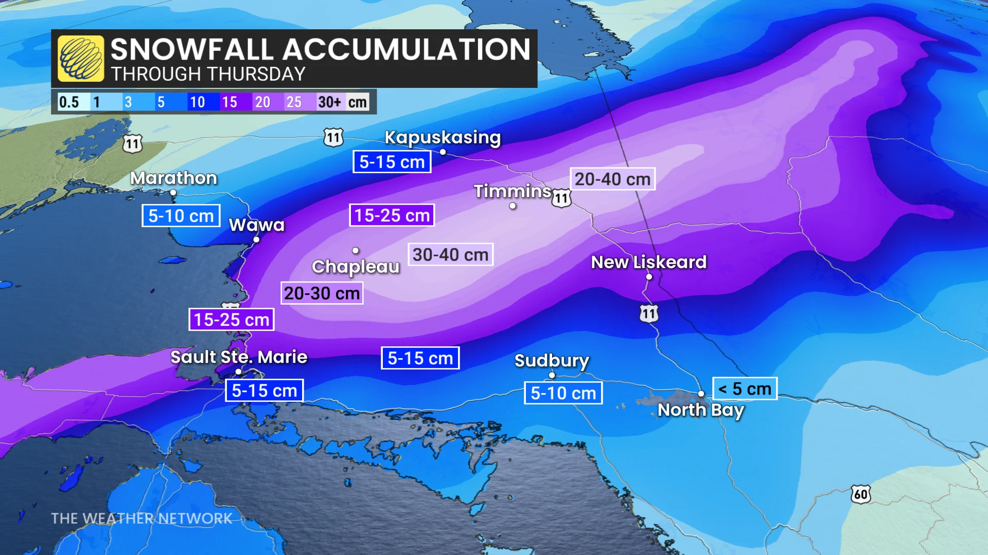 Ontario snowfall accumulation through Thursday