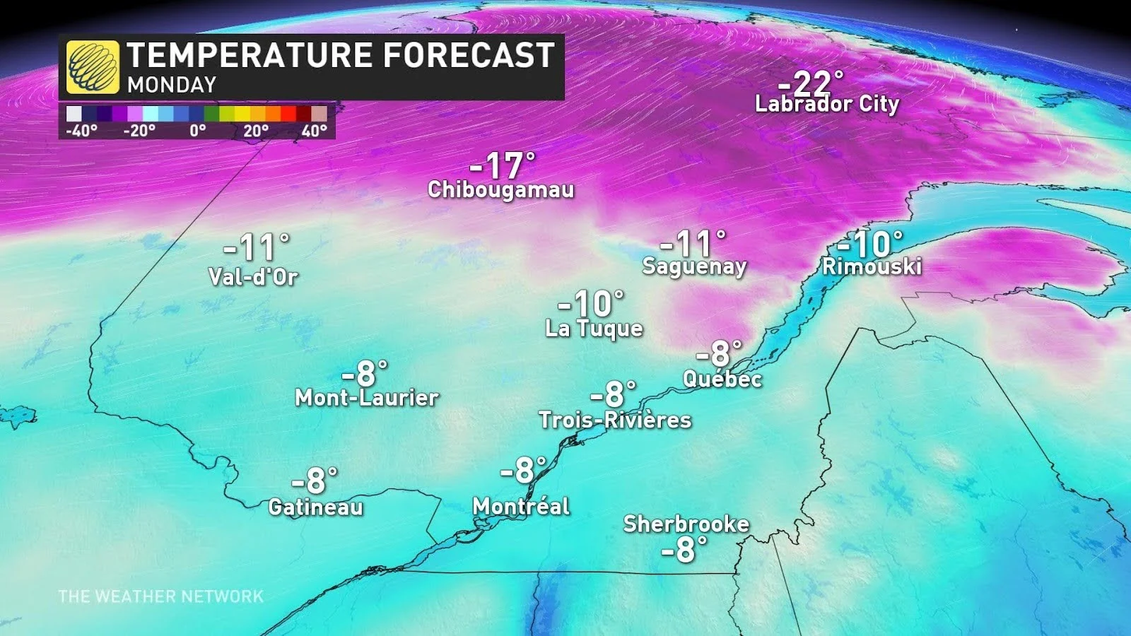 Quebec temperatures Monday